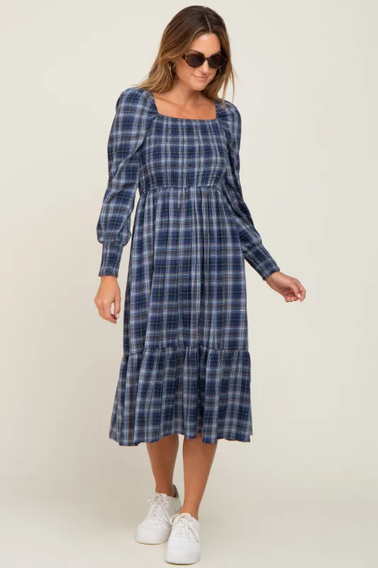 Navy Plaid Puff Sleeve Midi Dress sold by Pinkblush
