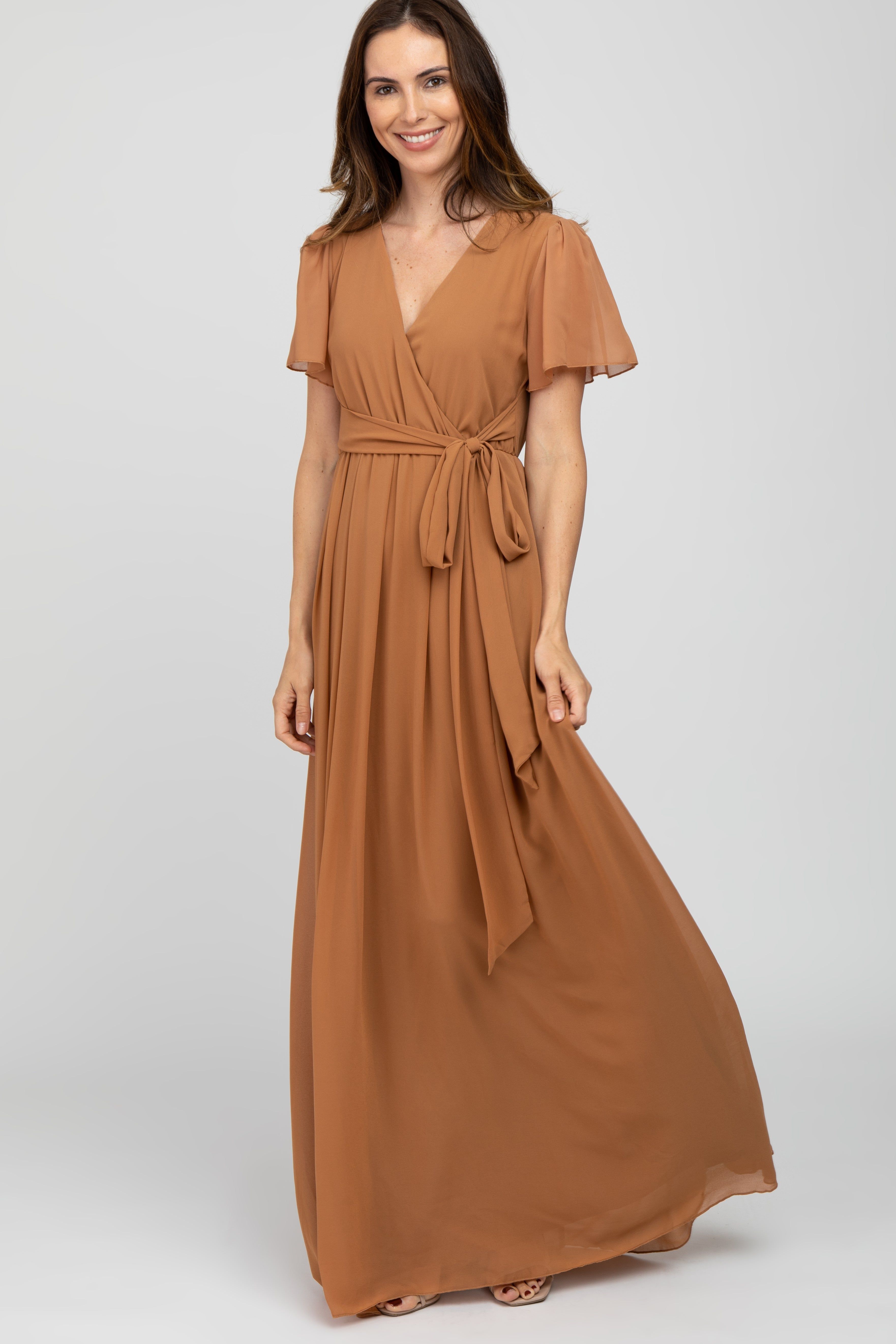 Camel Chiffon Short Sleeve Maternity Maxi Dress sold by Pinkblush product image thumbnail 4