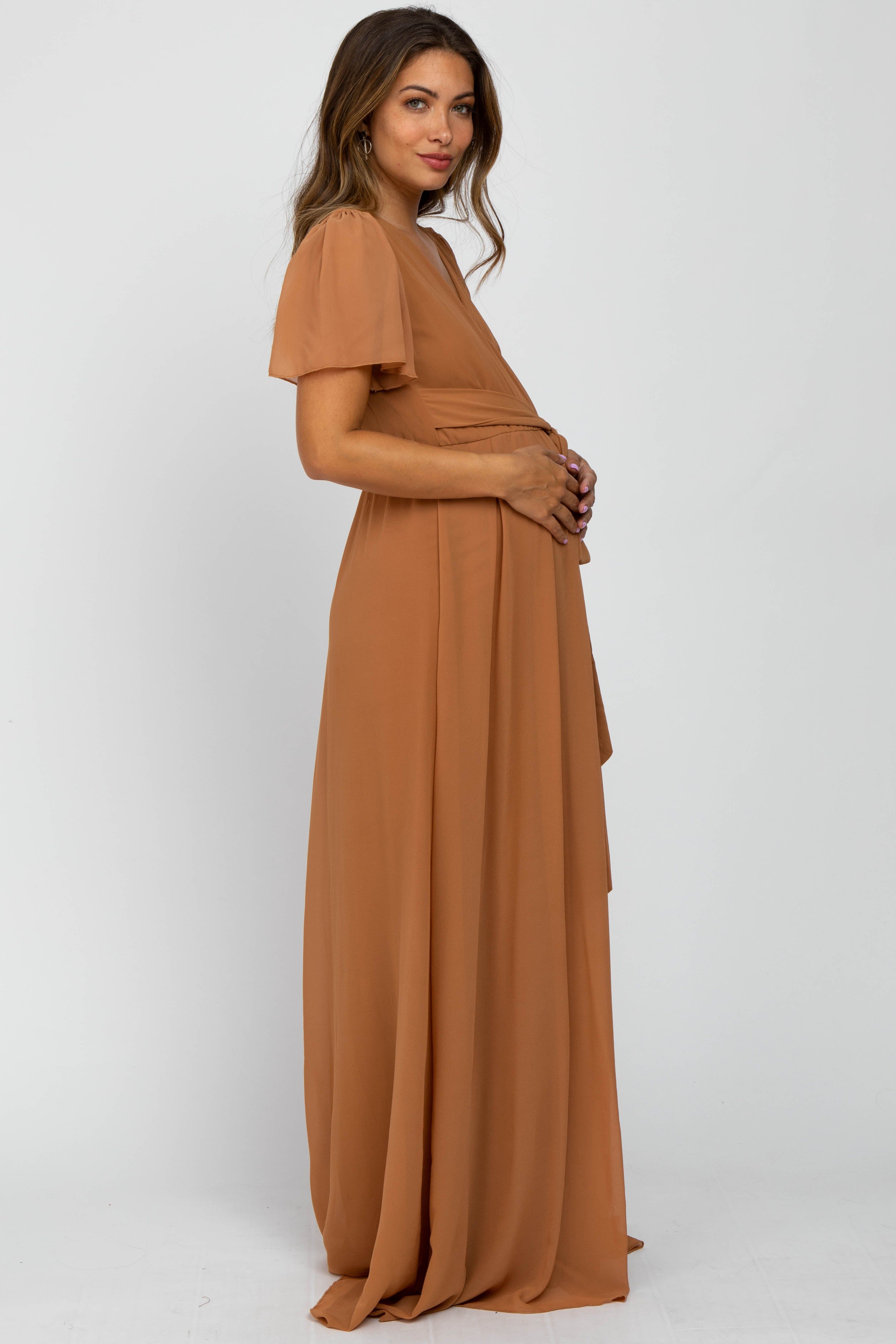 Camel Chiffon Short Sleeve Maternity Maxi Dress sold by Pinkblush product image thumbnail 2