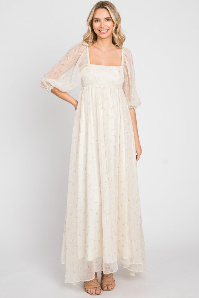Cream Floral Square Neck Puff Sleeve Organza Maternity Maxi Dress sold by Pinkblush product image thumbnail 8