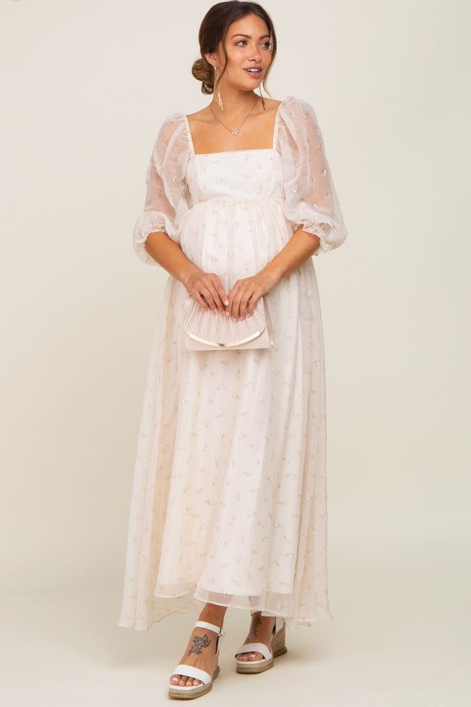 Cream Floral Square Neck Puff Sleeve Organza Maternity Maxi Dress sold by Pinkblush product image thumbnail 2