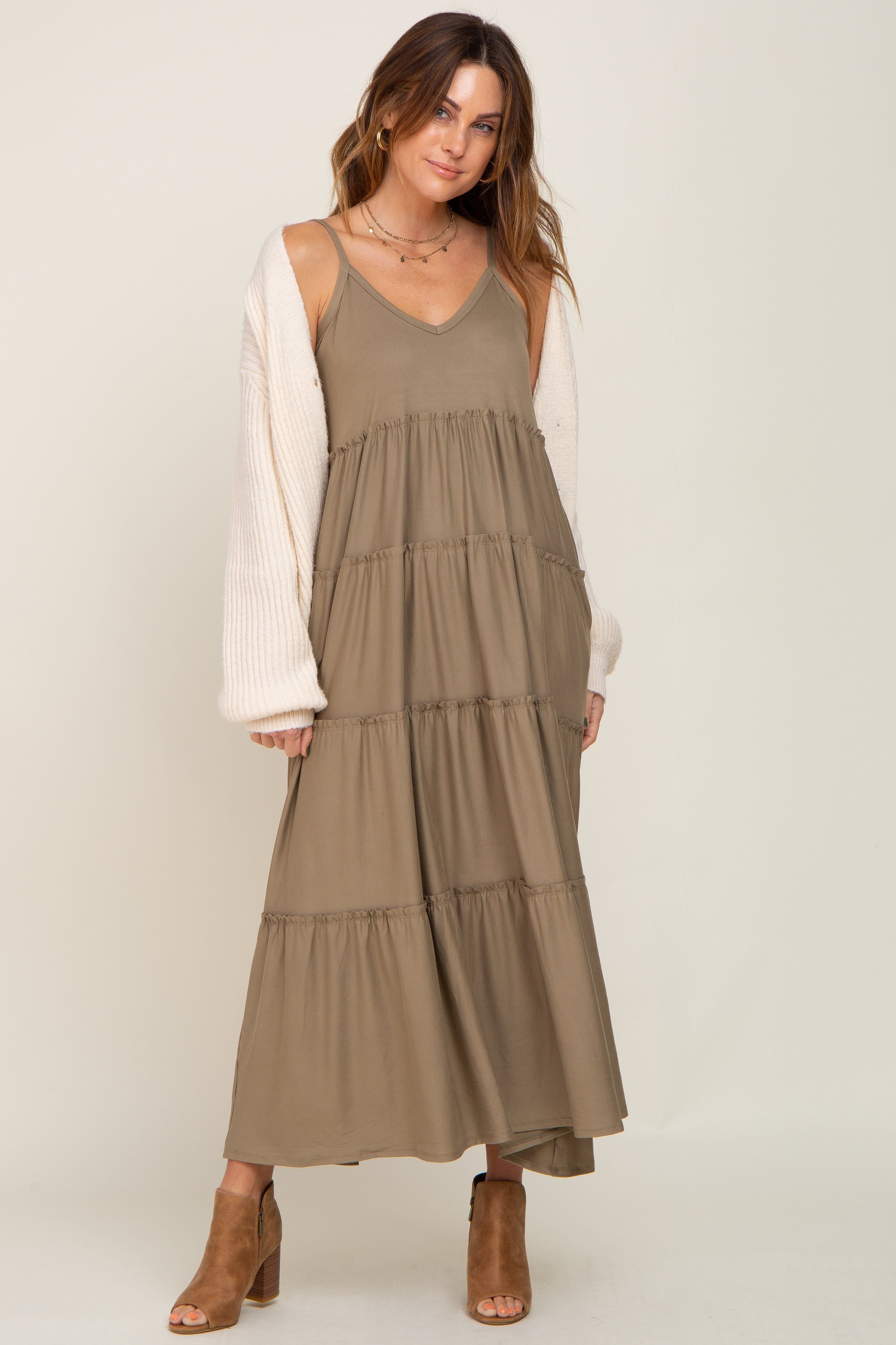 Light Olive Tiered Sleeveless Maxi Dress sold by Pinkblush product image thumbnail 4