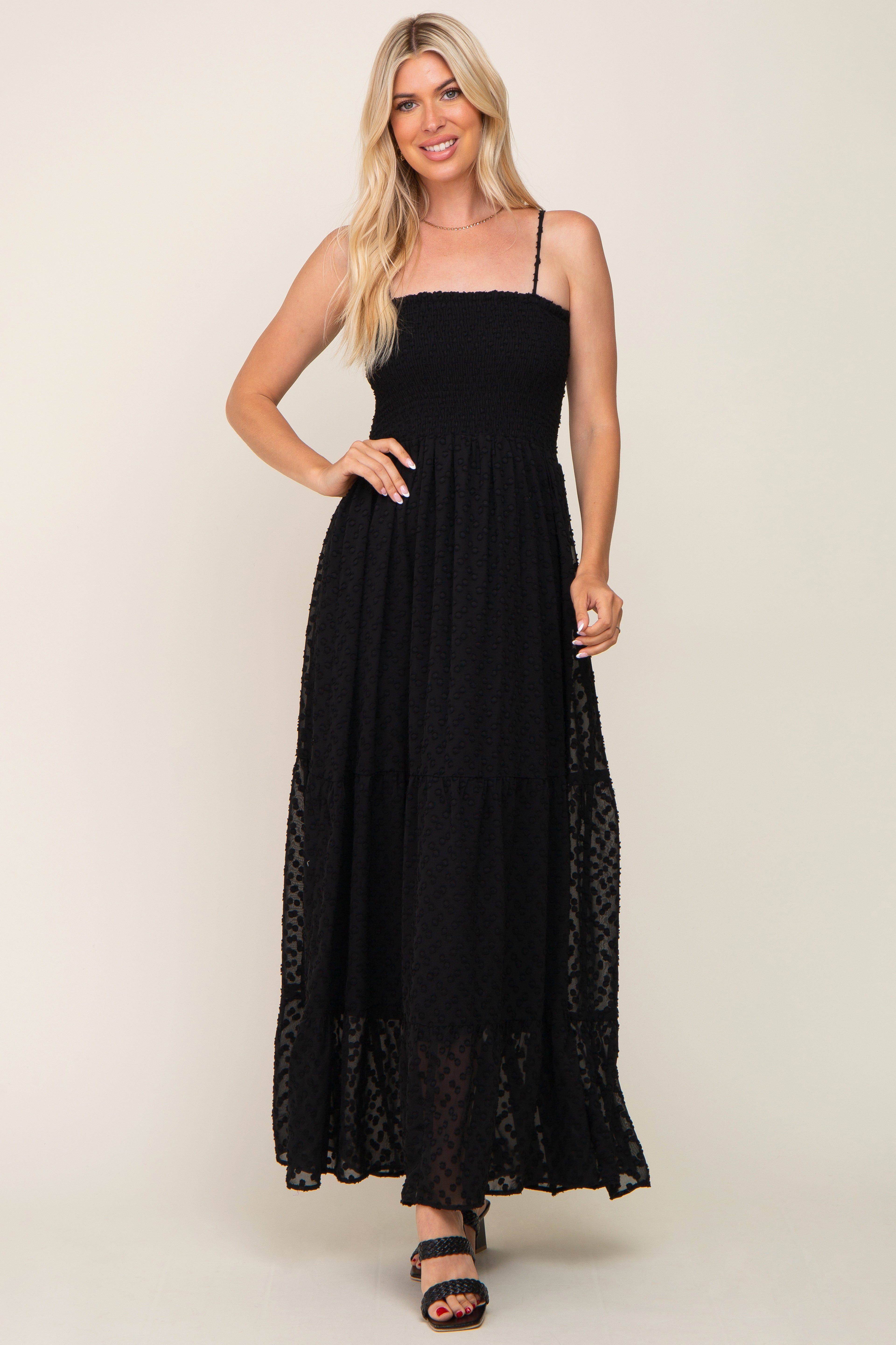 Black Textured Dot Chiffon Sleeveless Maxi Dress sold by Pinkblush product image thumbnail 4