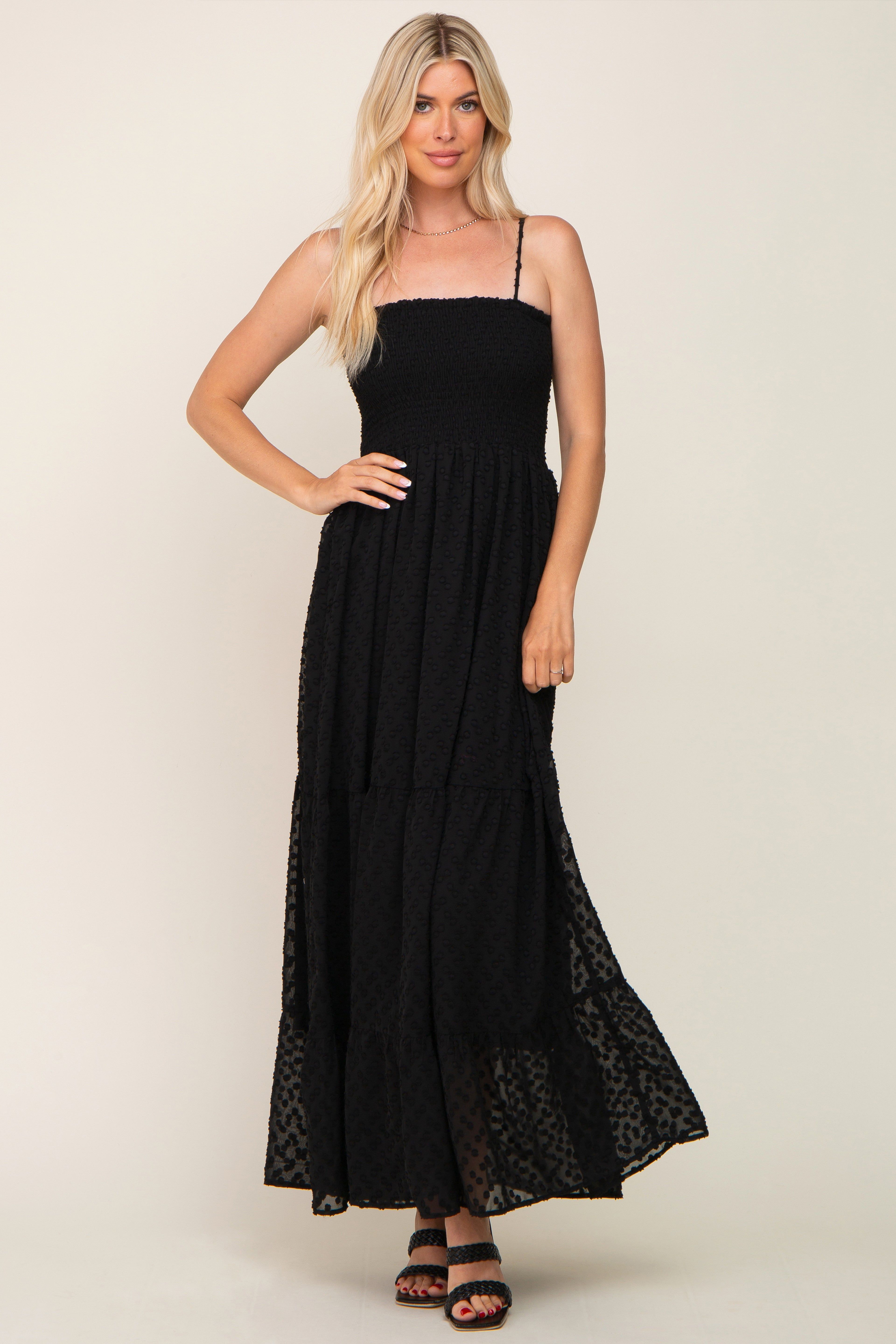 Black Textured Dot Chiffon Sleeveless Maxi Dress sold by Pinkblush