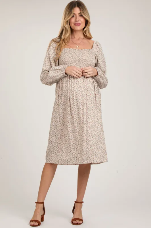 Beige Floral Print Long Sleeve Maternity Midi Dress sold by Pinkblush