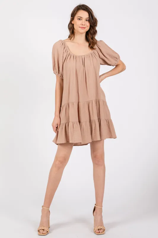Mocha Ribbon Back Detail Puff Sleeve Mini Dress sold by Pinkblush