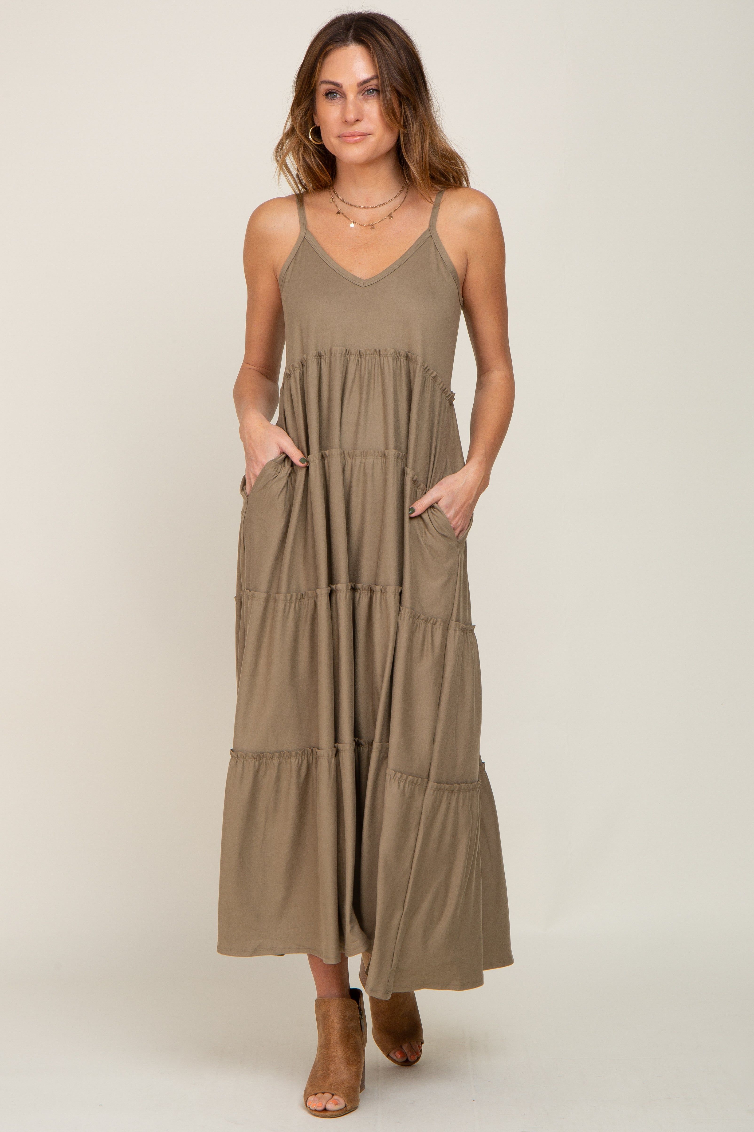 Light Olive Tiered Sleeveless Maxi Dress sold by Pinkblush product image thumbnail 5