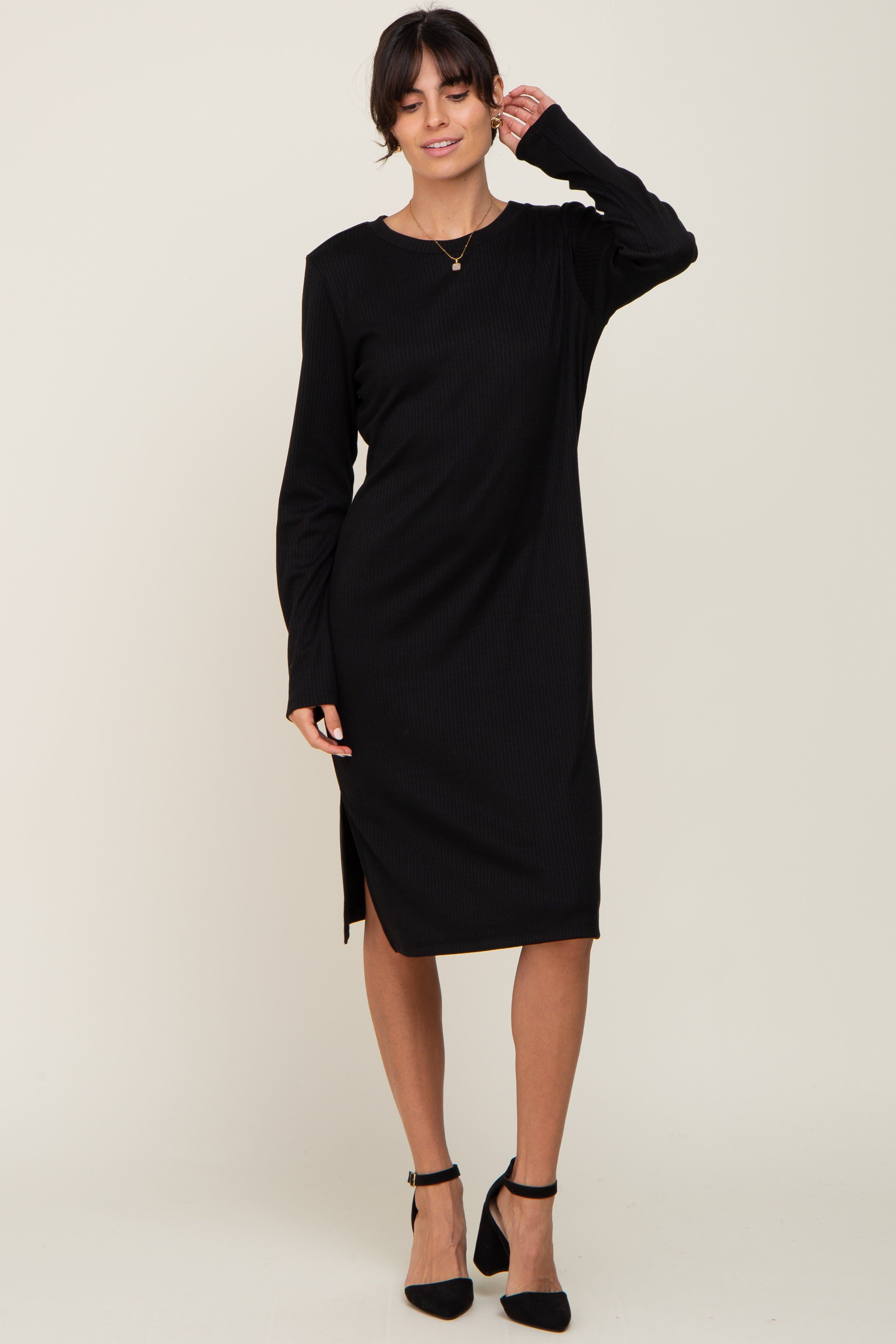 Black Ribbed Long Sleeve Slit Dress sold by Pinkblush product image thumbnail 4