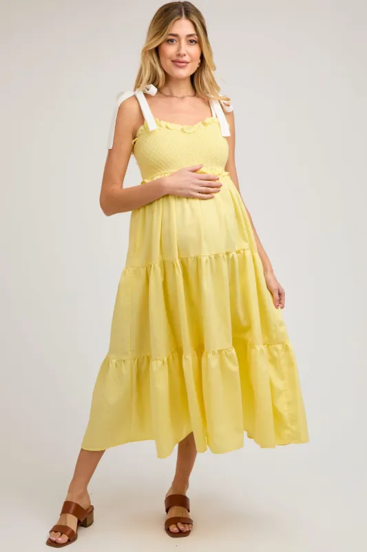 Yellow Sleeveless Tiered Colorblock Strap Maternity Maxi Dress sold by Pinkblush