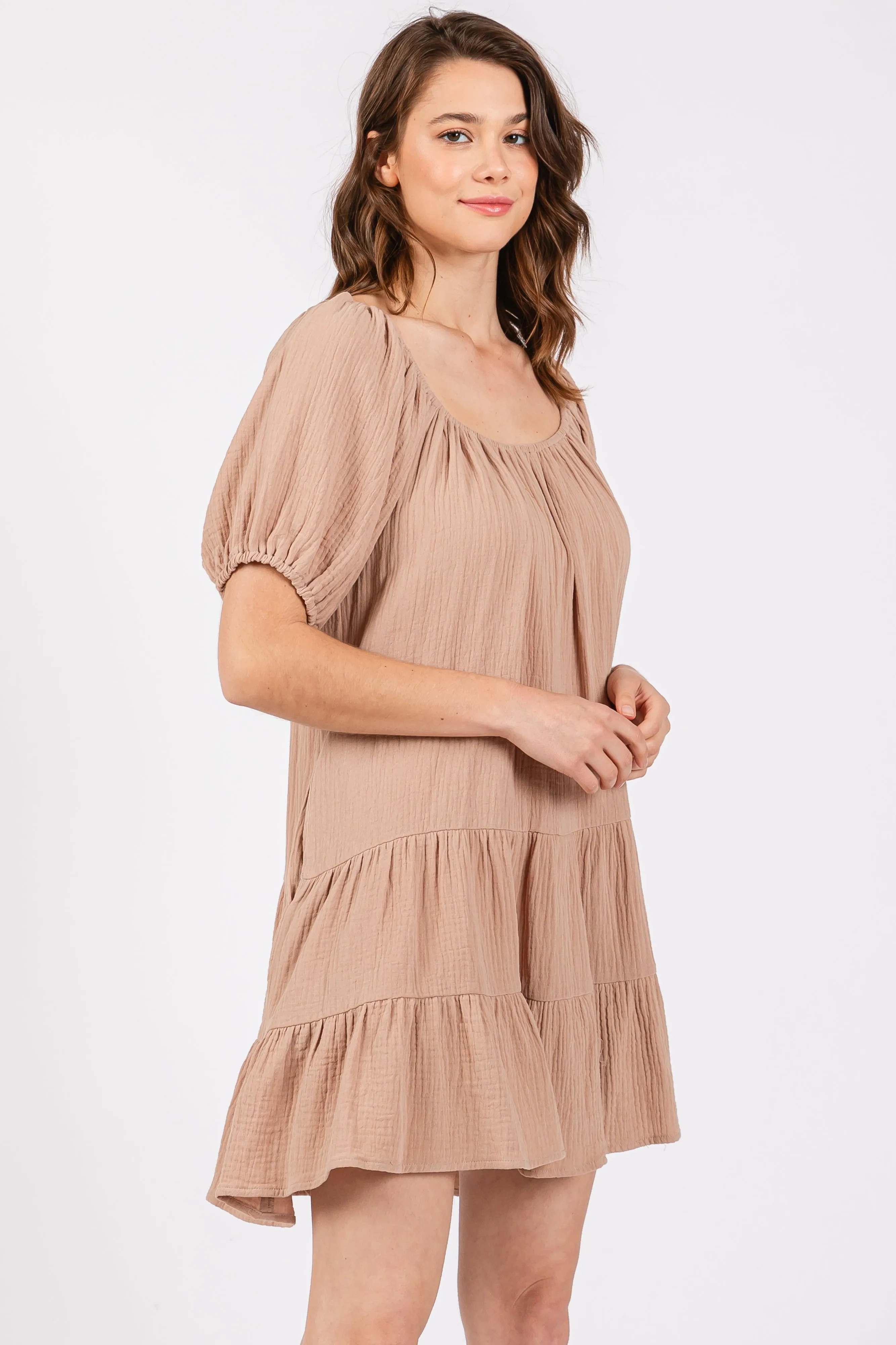 Mocha Ribbon Back Detail Puff Sleeve Mini Dress sold by Pinkblush product image thumbnail 2