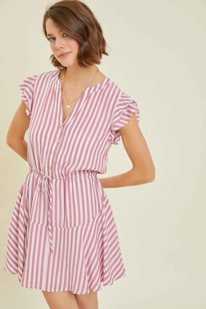 Berry Button-Down Stripe Flare Dress With Lining sold by Pinkblush product image thumbnail 2
