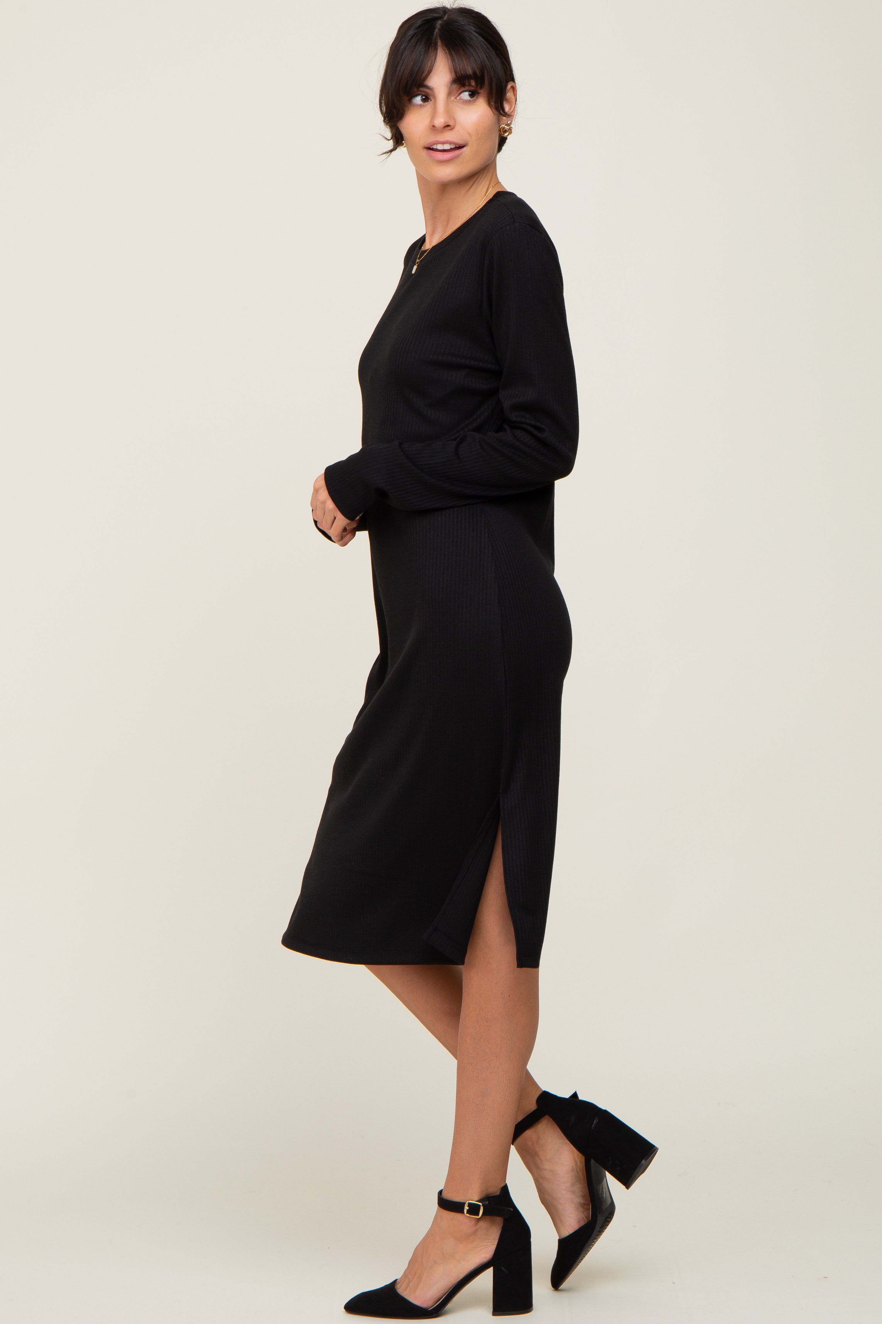 Black Ribbed Long Sleeve Slit Dress sold by Pinkblush product image thumbnail 2