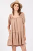 Mocha Ribbon Back Detail Puff Sleeve Mini Dress sold by Pinkblush