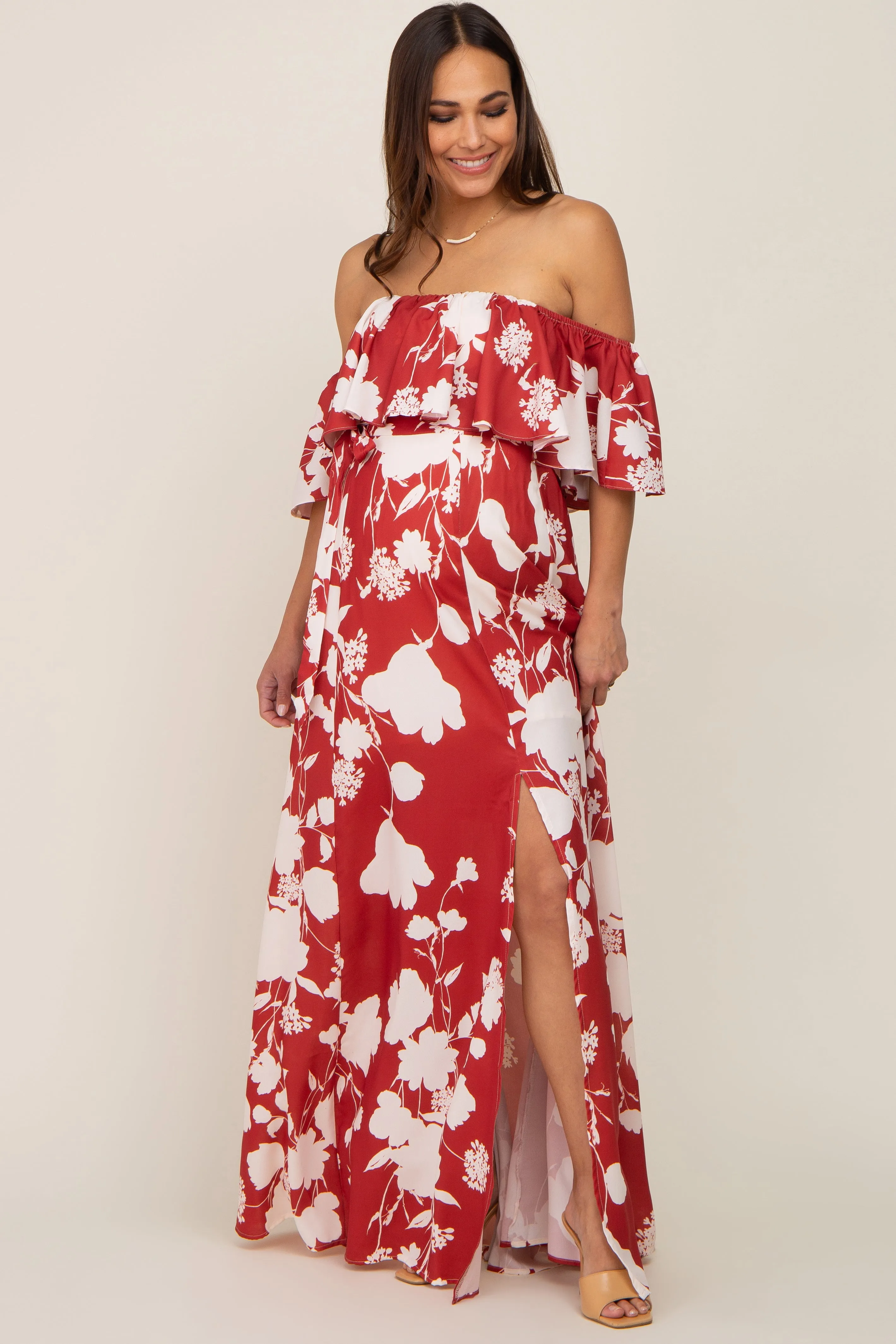 Rust Floral Overlay Off-Shoulder Side Slit Maternity Maxi Dress sold by Pinkblush product image thumbnail 4