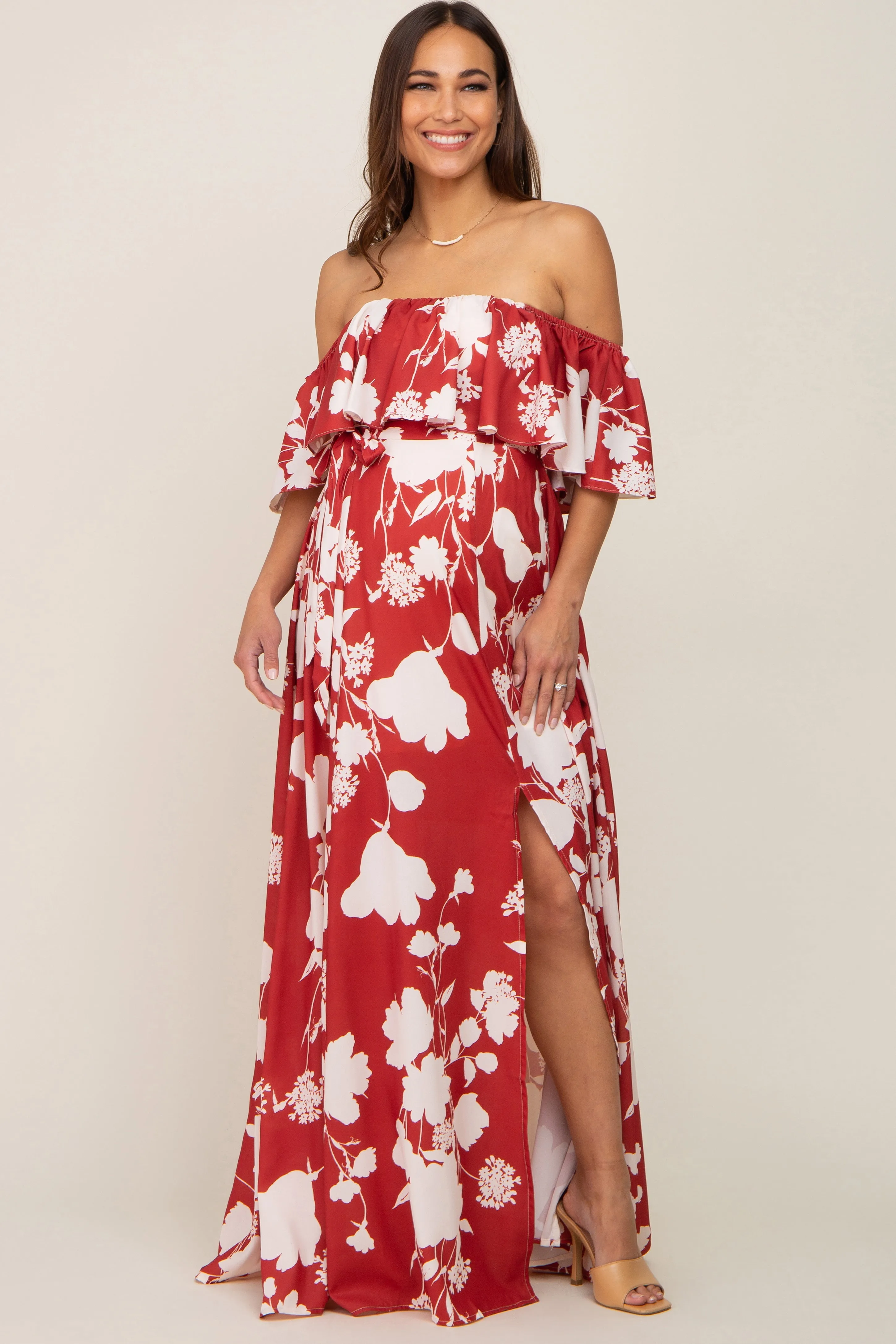 Rust Floral Overlay Off-Shoulder Side Slit Maternity Maxi Dress sold by Pinkblush