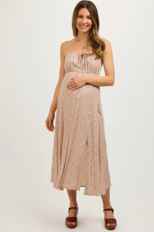 Beige Ditsy Floral Side Slit Maternity Midi Dress sold by Pinkblush