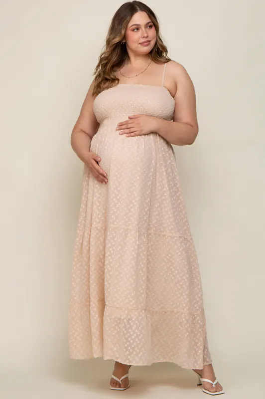 Beige Textured Dot Chiffon Sleeveless Plus Maternity Maxi Dress sold by Pinkblush