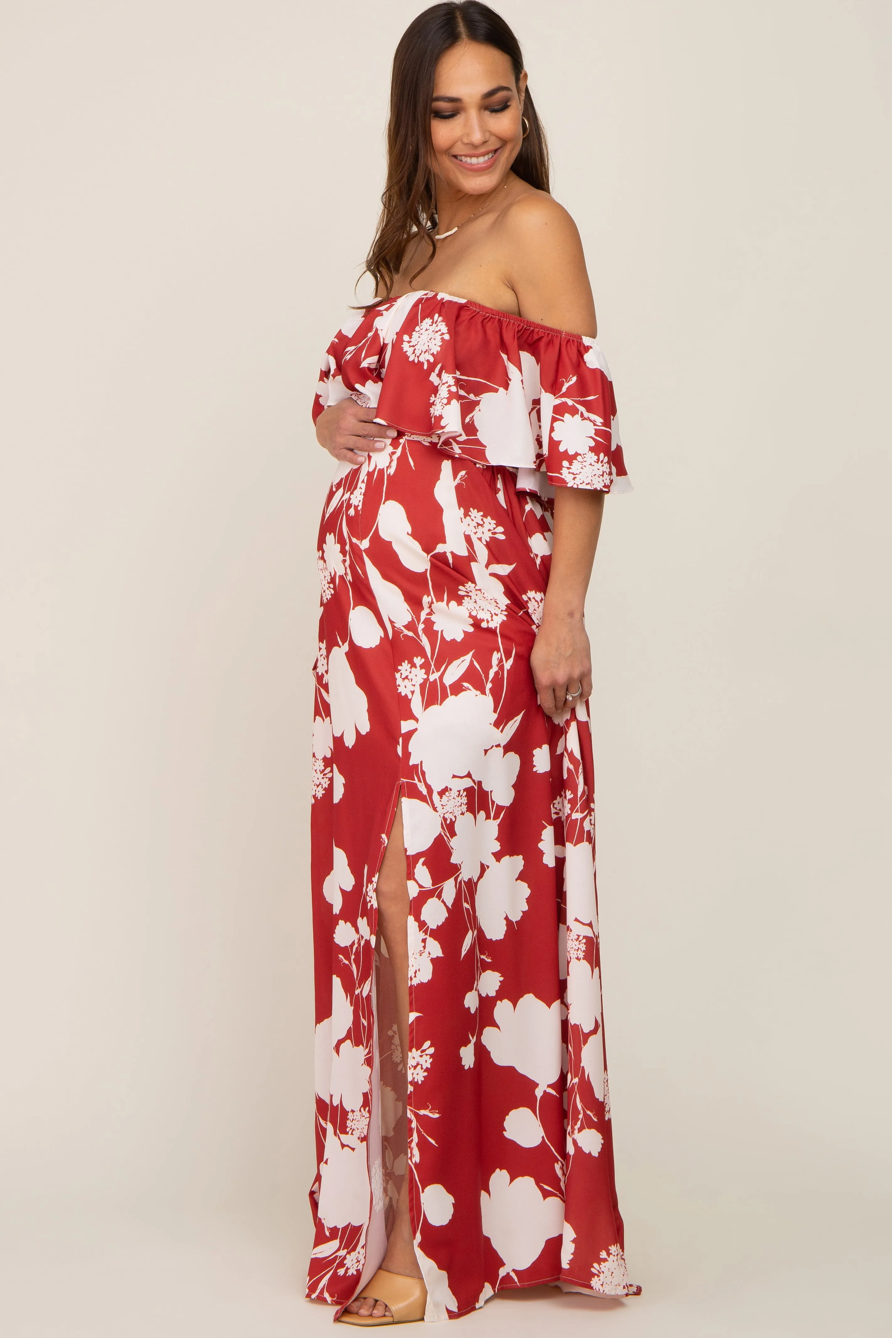 Rust Floral Overlay Off-Shoulder Side Slit Maternity Maxi Dress sold by Pinkblush product image thumbnail 2