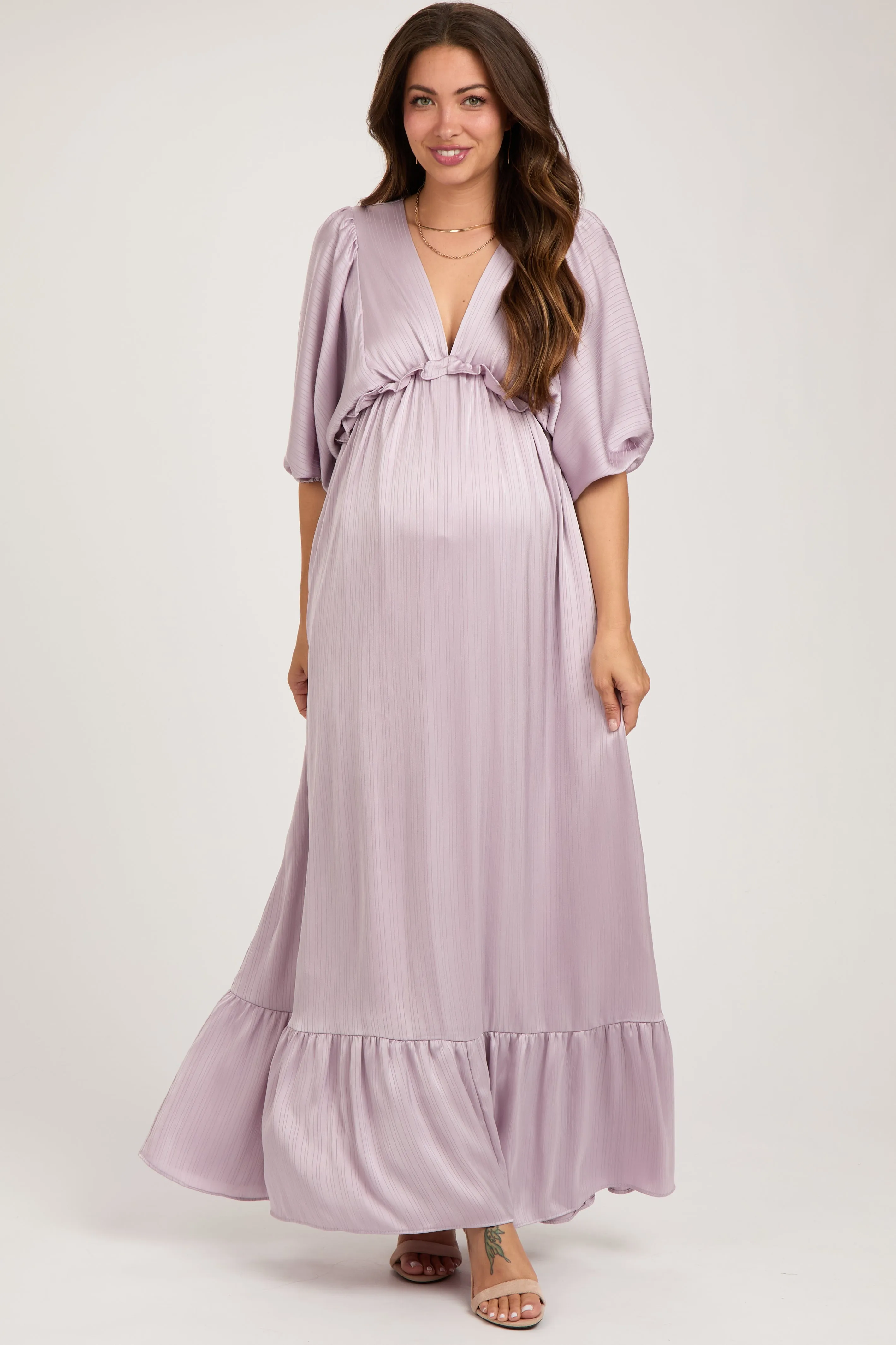 Lavender Striped Ruffle Accent Maternity Maxi Dress sold by Pinkblush