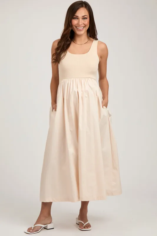 Beige Sleeveless A-line Maternity Midi Dress sold by Pinkblush