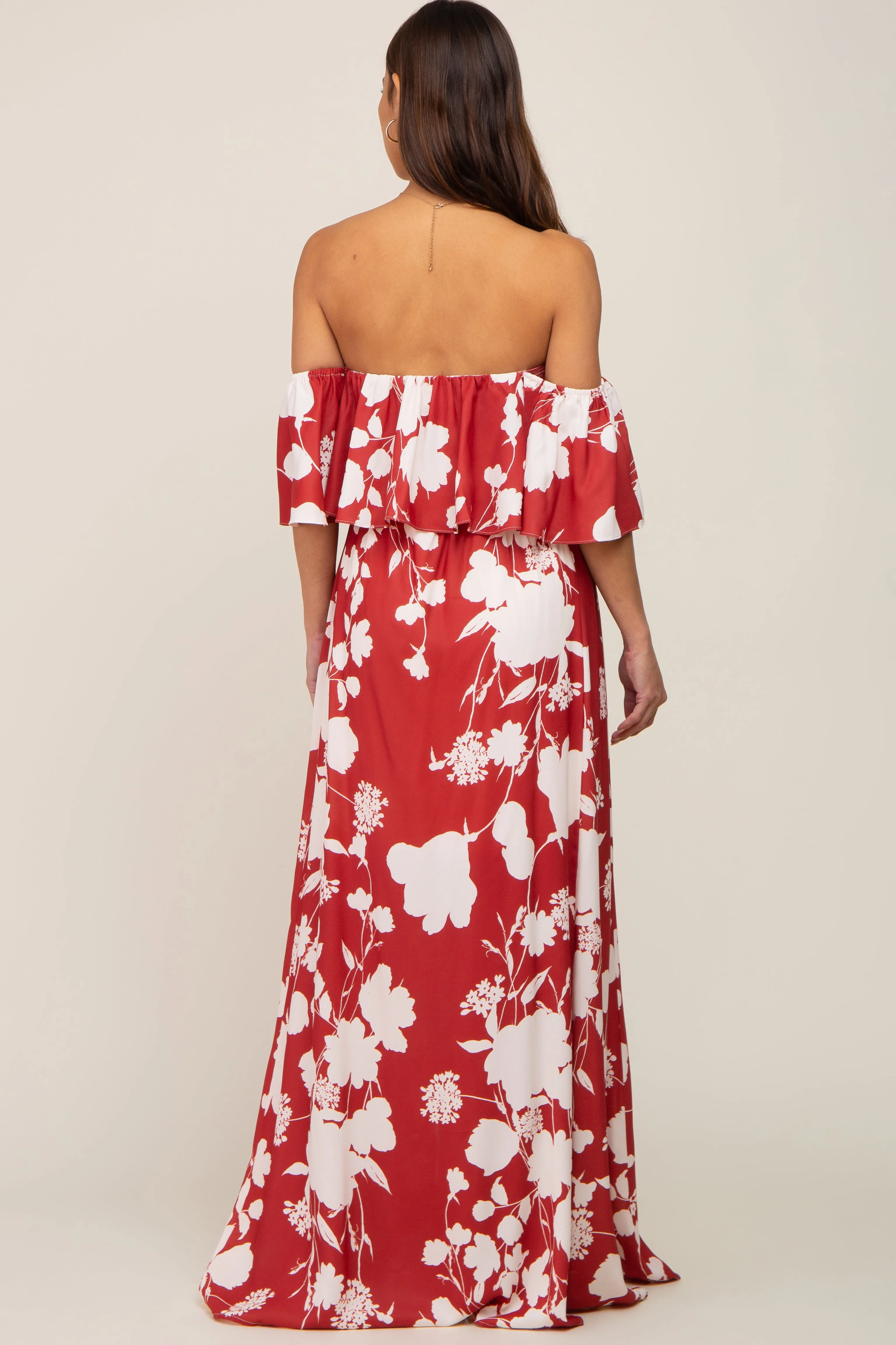 Rust Floral Overlay Off-Shoulder Side Slit Maternity Maxi Dress sold by Pinkblush product image thumbnail 3