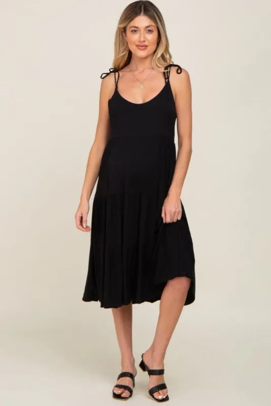 Black Sleeveless Tiered Maternity Midi Dress sold by Pinkblush