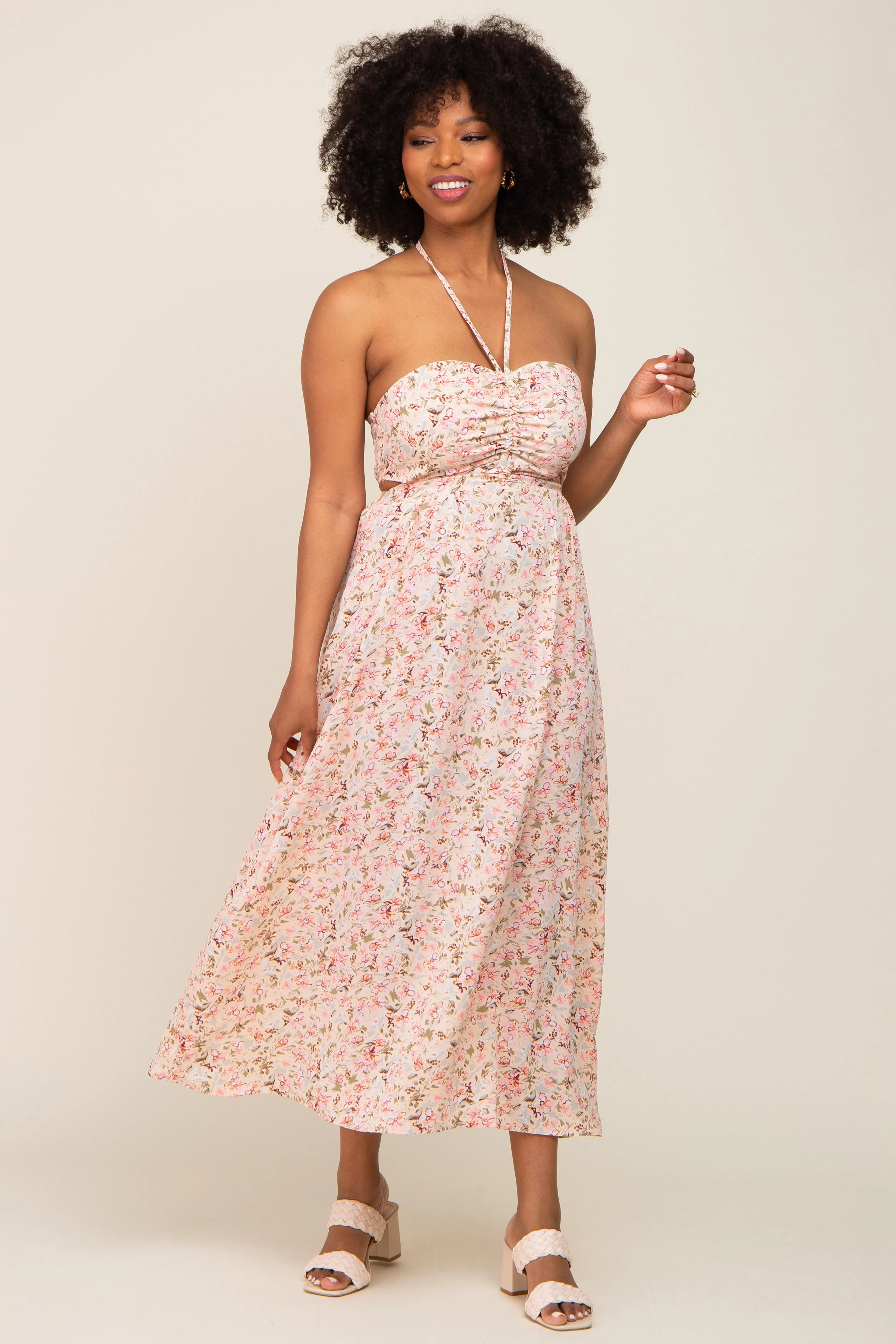 Light Pink Floral Halter Tie Open Back Maternity Midi Dress sold by Pinkblush product image thumbnail 4