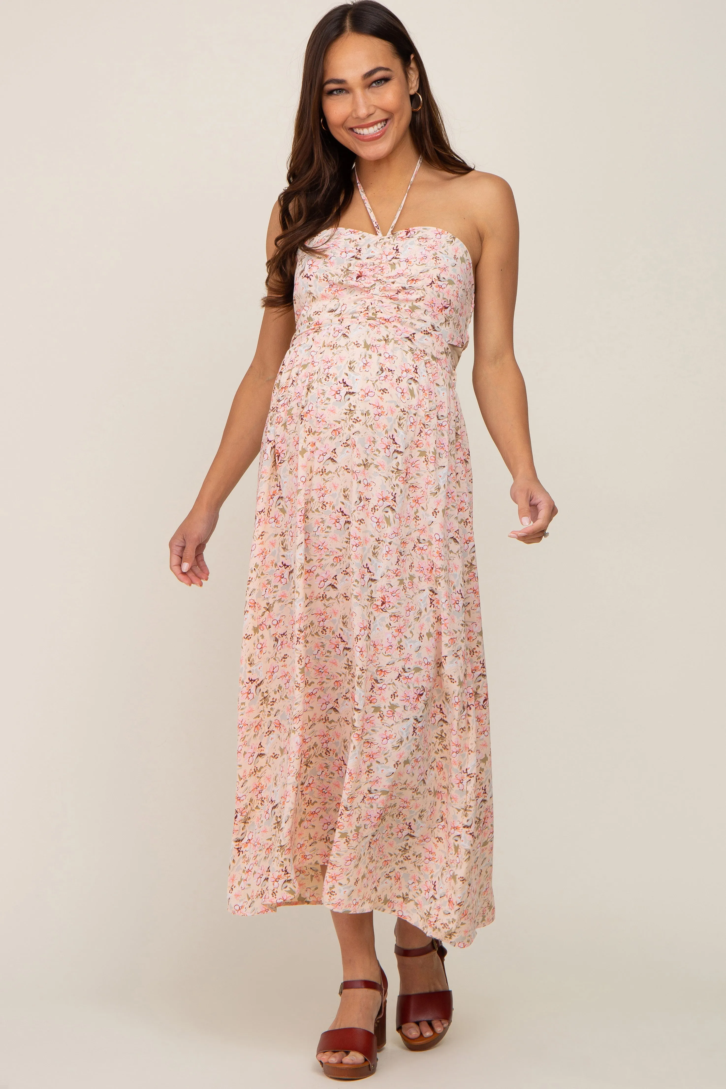 Light Pink Floral Halter Tie Open Back Maternity Midi Dress sold by Pinkblush