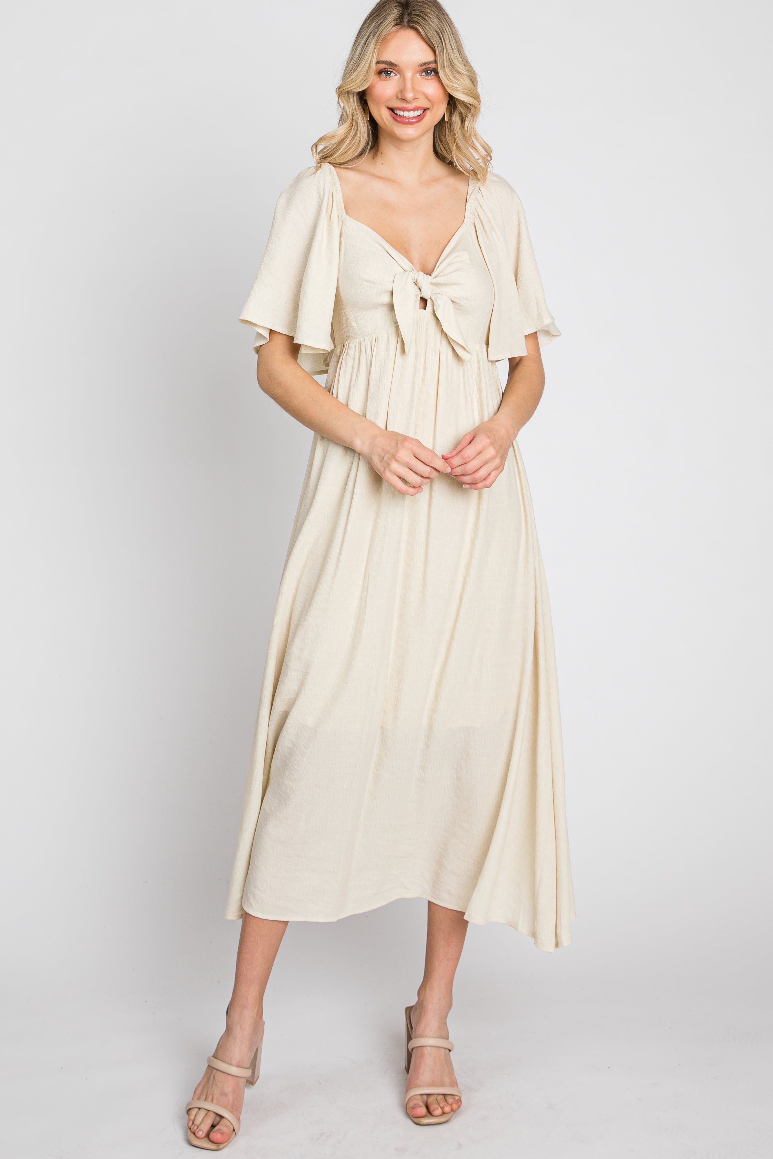 Beige Front Tie Ruffle Sleeve Midi Dress sold by Pinkblush product image thumbnail 3