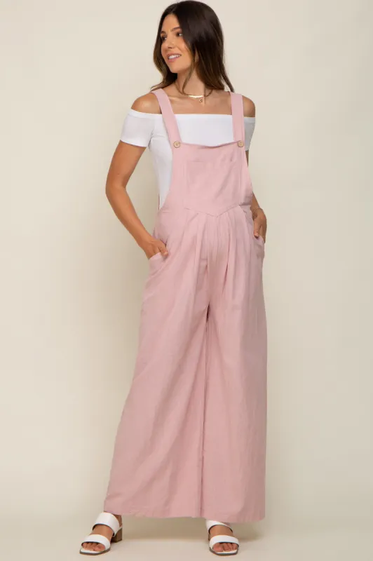 Light Pink Front Pocket Pleated Linen Maternity Overall sold by Pinkblush