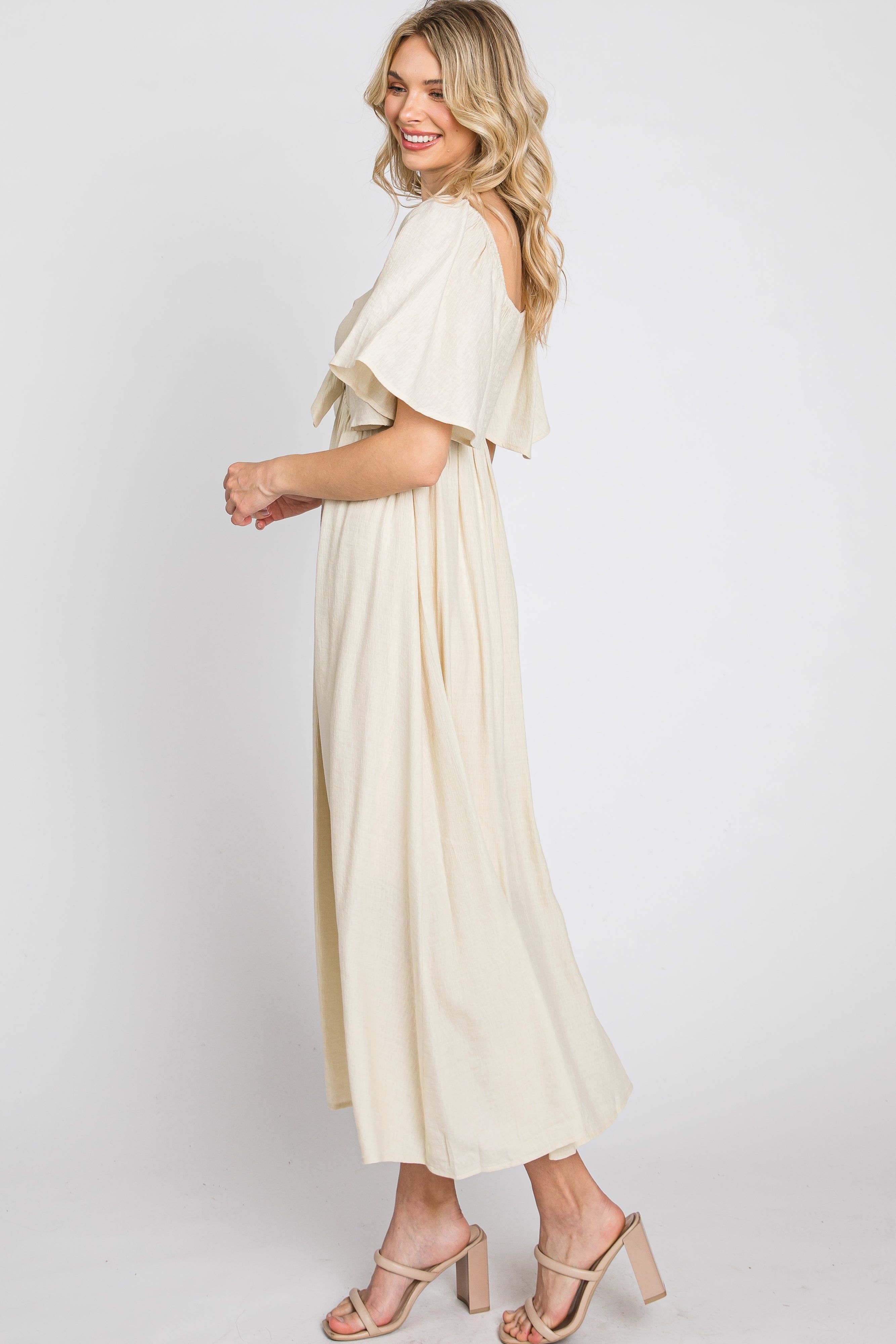 Beige Front Tie Ruffle Sleeve Midi Dress sold by Pinkblush product image thumbnail 4