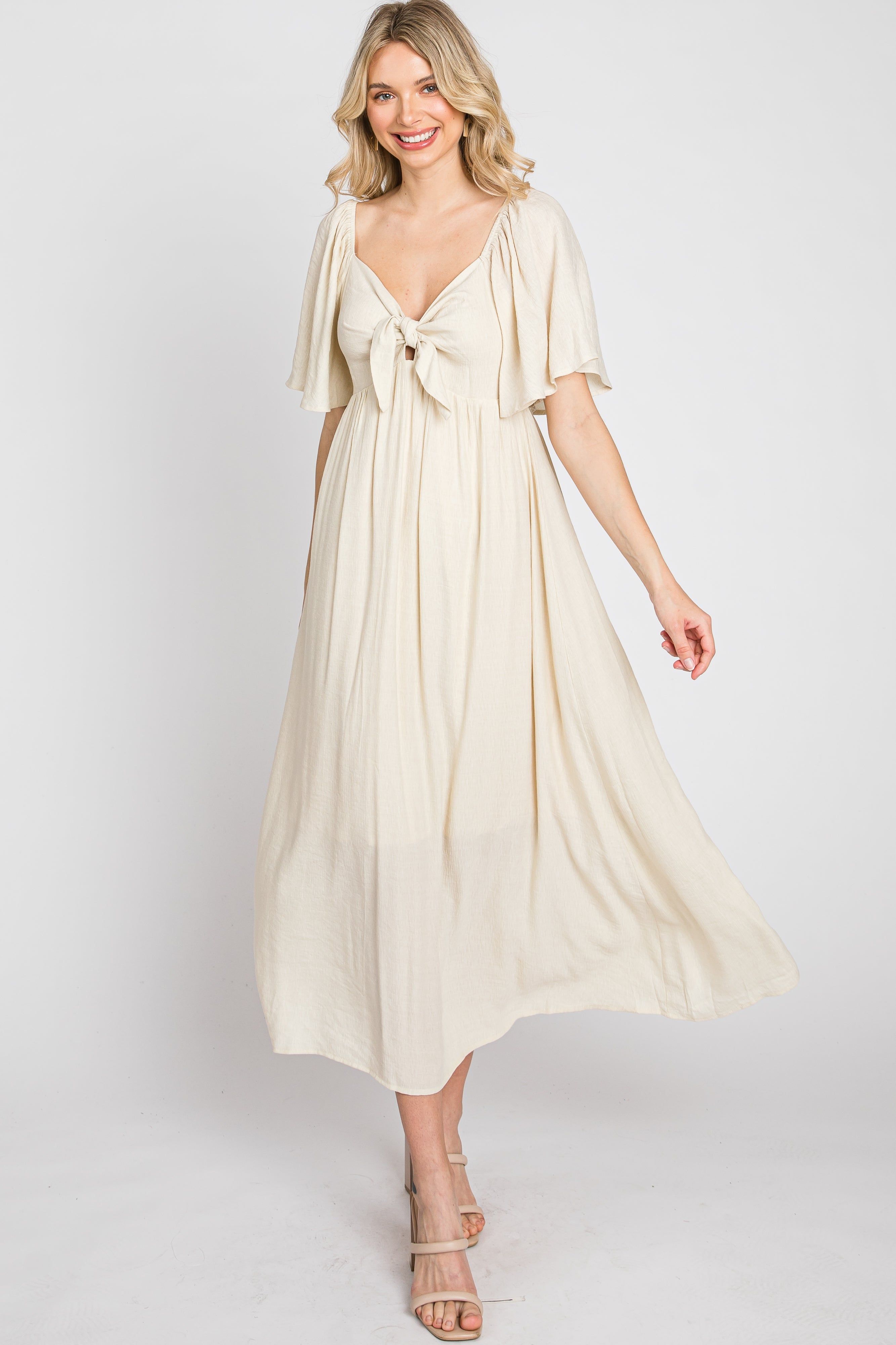 Beige Front Tie Ruffle Sleeve Midi Dress sold by Pinkblush