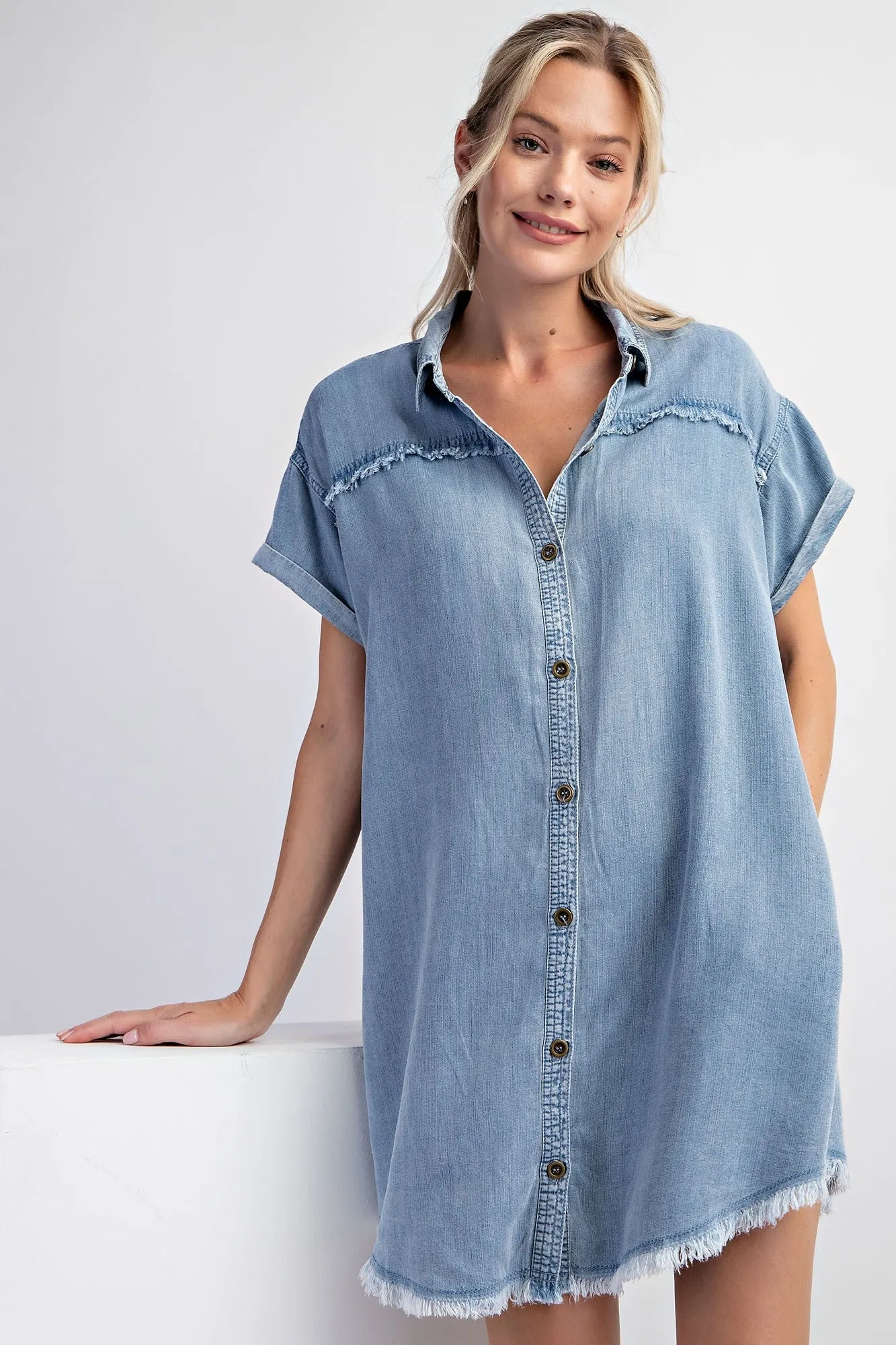 Blue Chambray Frayed Button Down Dress sold by Pinkblush