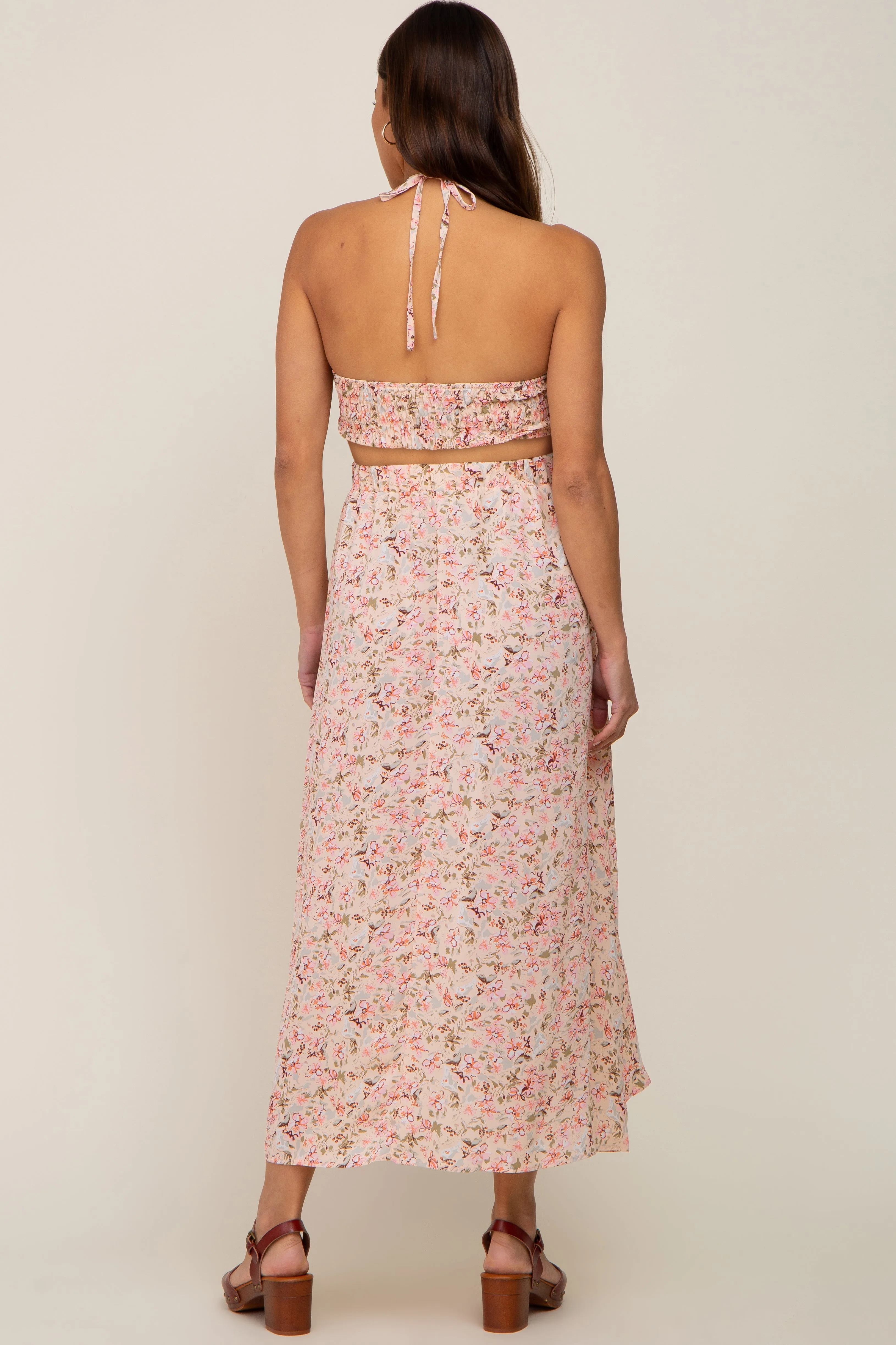 Light Pink Floral Halter Tie Open Back Maternity Midi Dress sold by Pinkblush product image thumbnail 3