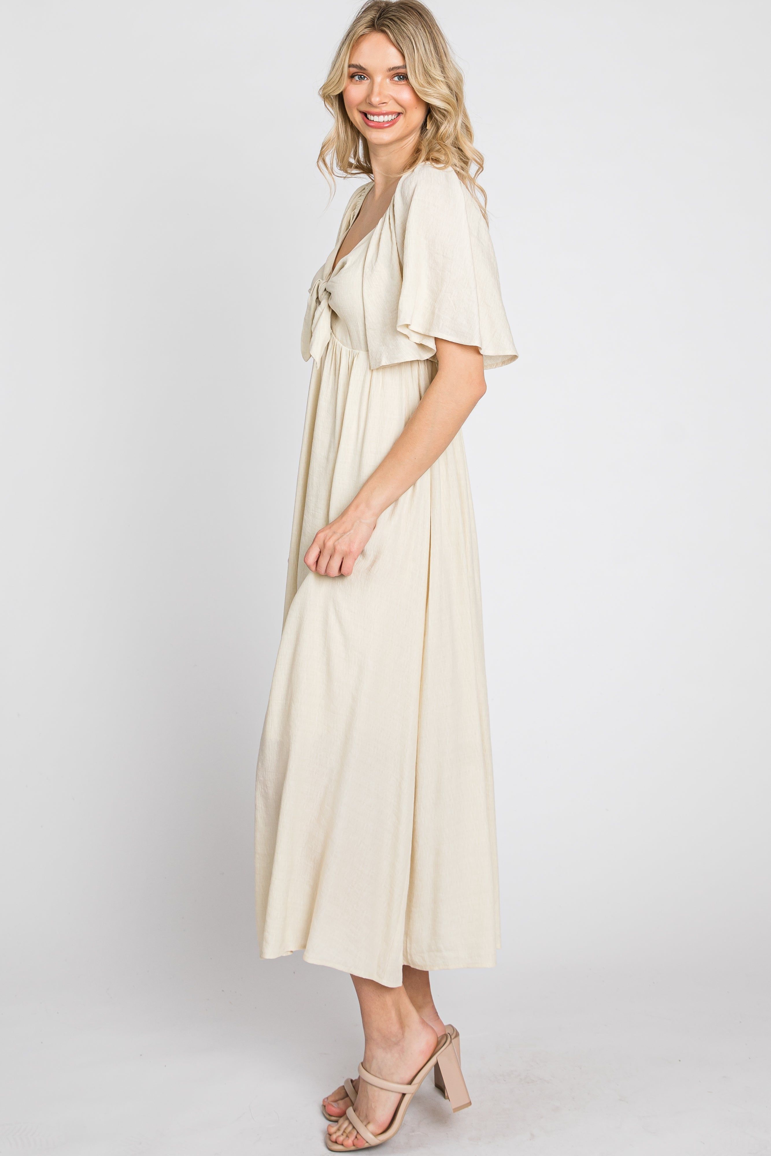 Beige Front Tie Ruffle Sleeve Midi Dress sold by Pinkblush product image thumbnail 5