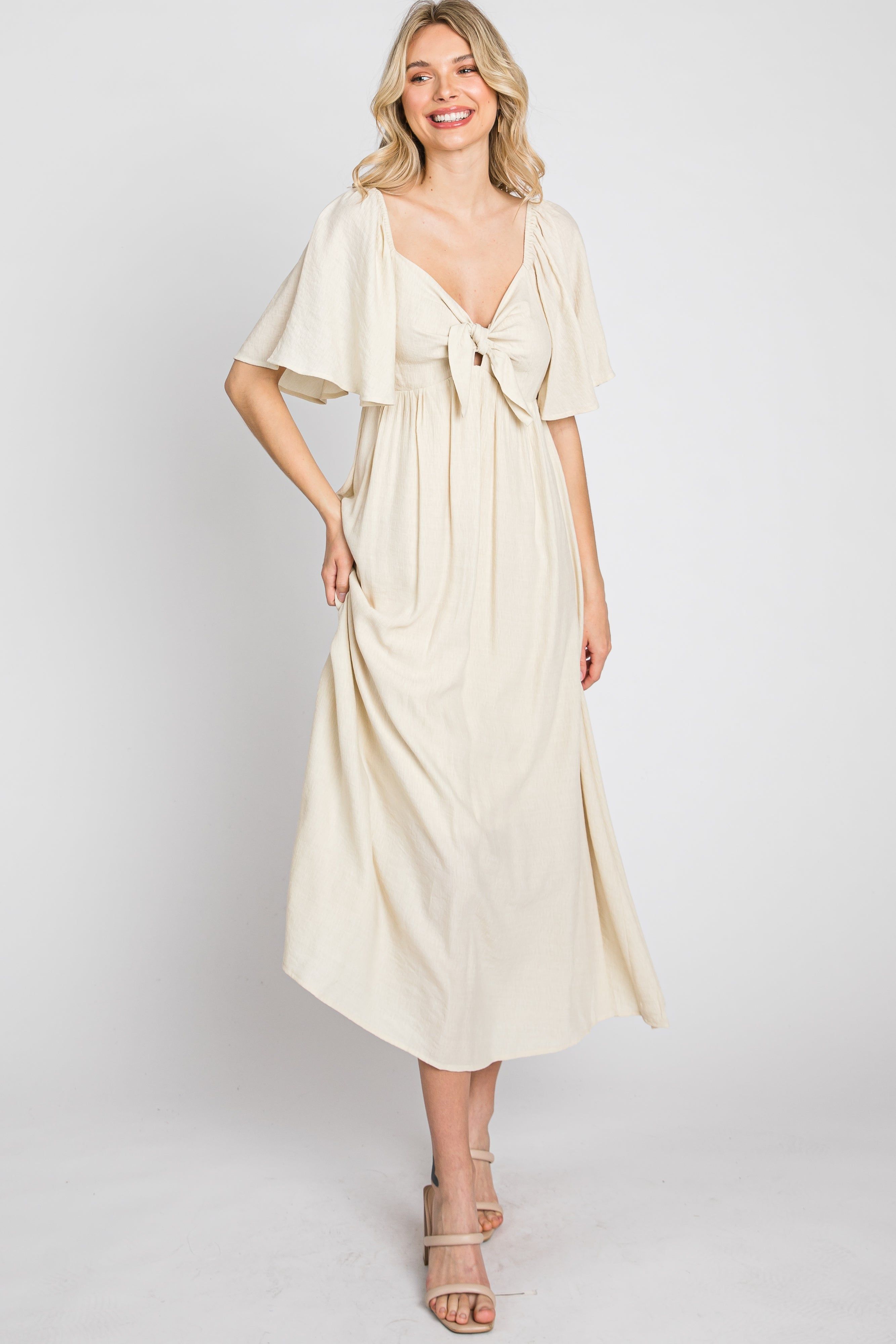 Beige Front Tie Ruffle Sleeve Midi Dress sold by Pinkblush product image thumbnail 2