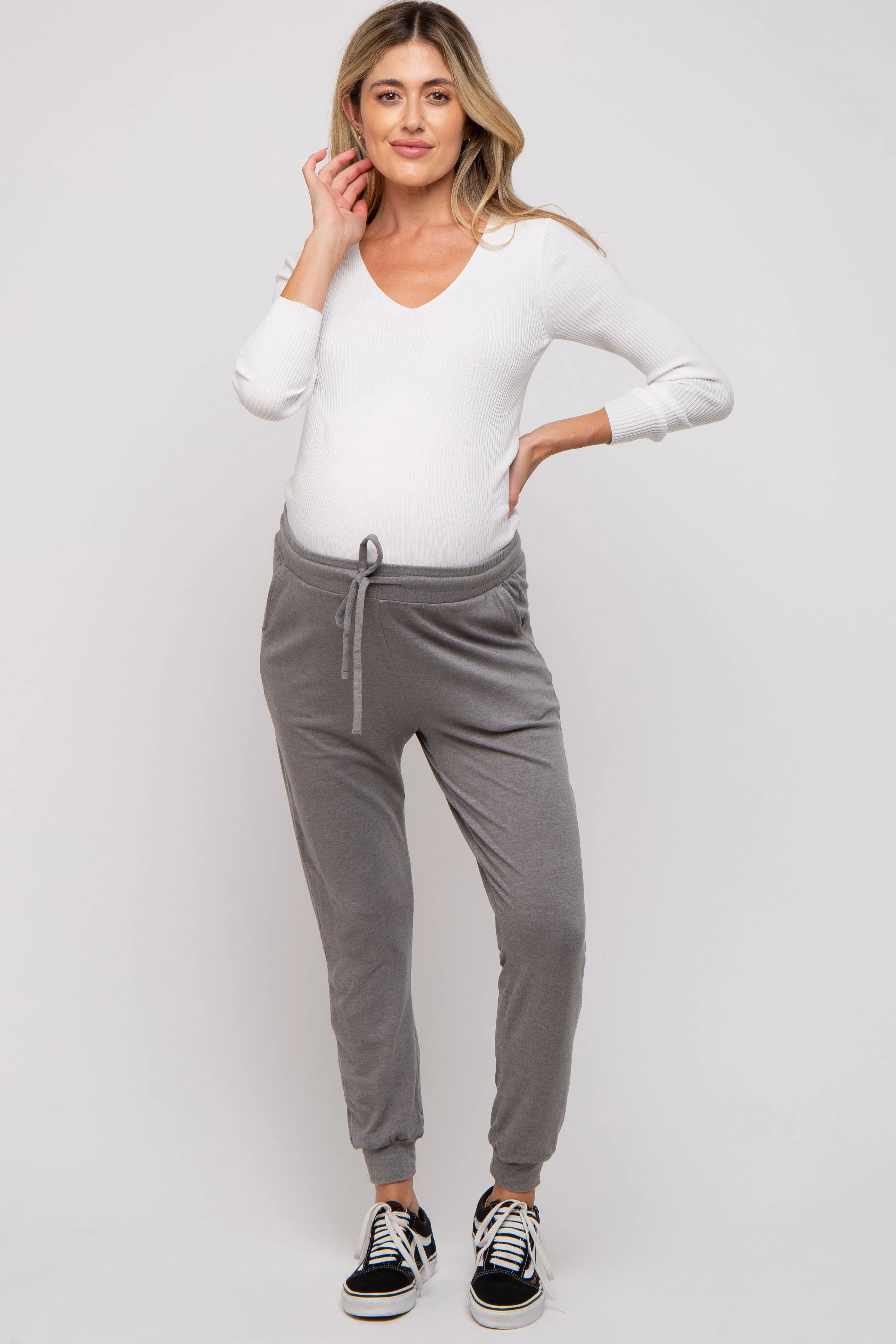 Grey Ultra Soft Knit Drawstring Maternity Joggers sold by Pinkblush