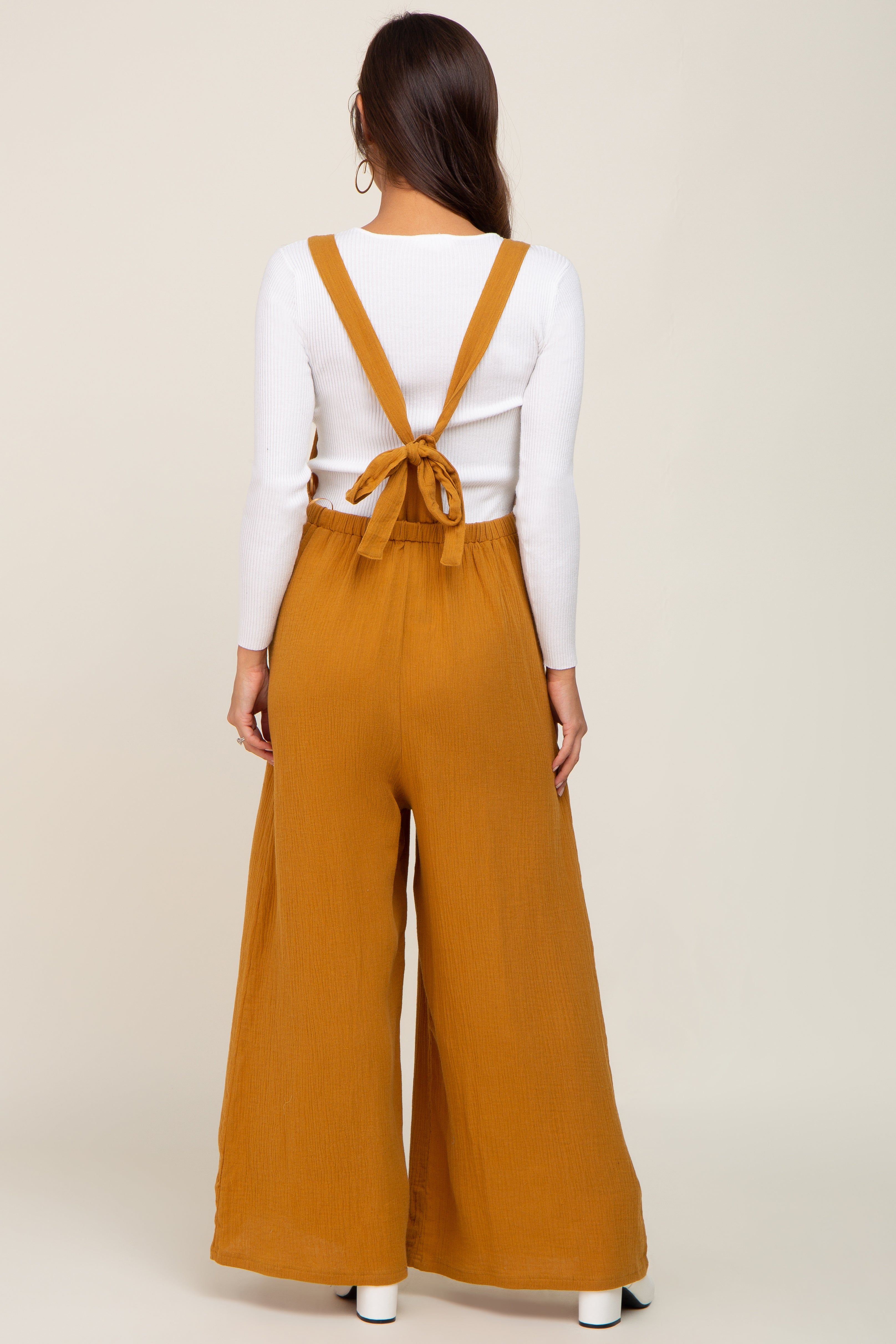 Camel Wide Leg Tie Back Maternity Overalls sold by Pinkblush product image thumbnail 3
