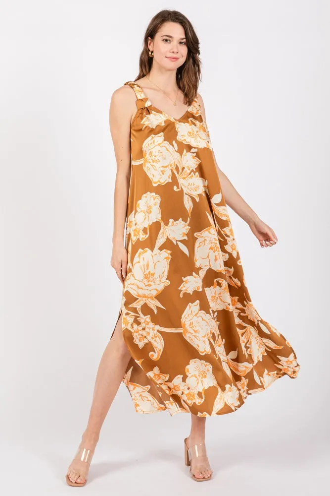 Mocha Floral Ruched Strap V-Neck Maternity Midi Dress sold by Pinkblush product image thumbnail 4