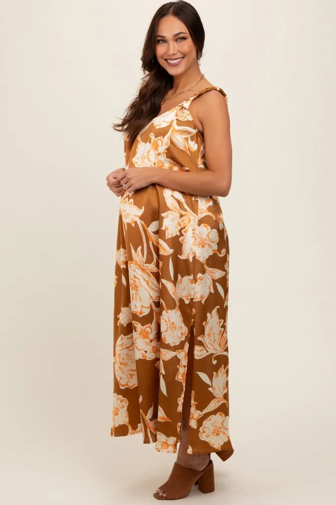 Mocha Floral Ruched Strap V-Neck Maternity Midi Dress sold by Pinkblush product image thumbnail 2