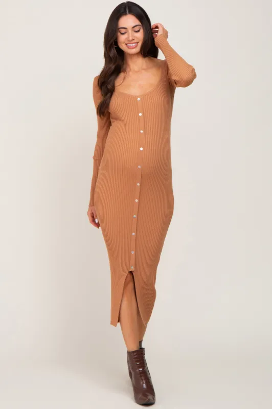 Camel Ribbed Button Accent Long Sleeve Maternity Dress sold by Pinkblush
