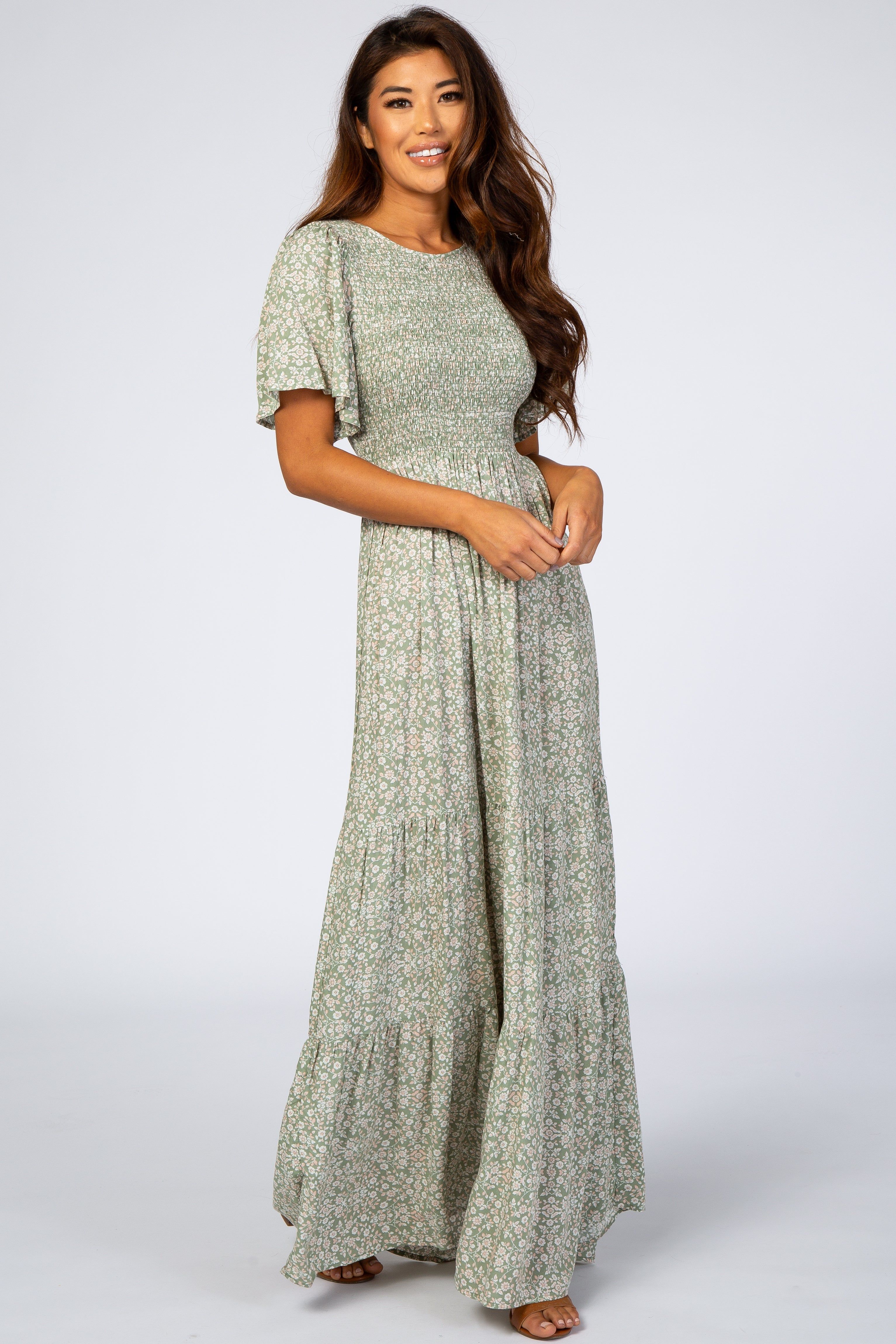 Light Olive Floral Smocked Front Pleated Hem Maxi Dress sold by Pinkblush