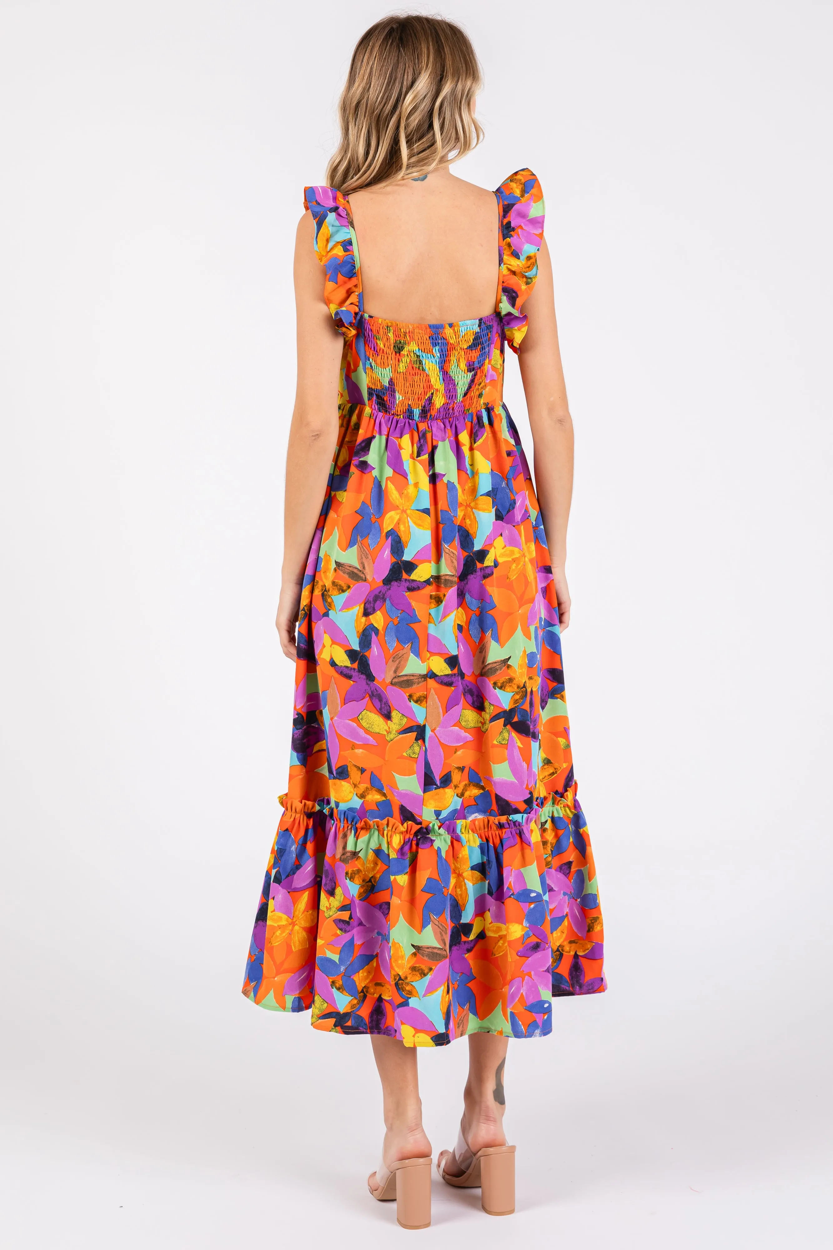 Orange Floral Satin Square Neck Ruffle Strap Midi Dress sold by Pinkblush product image thumbnail 3