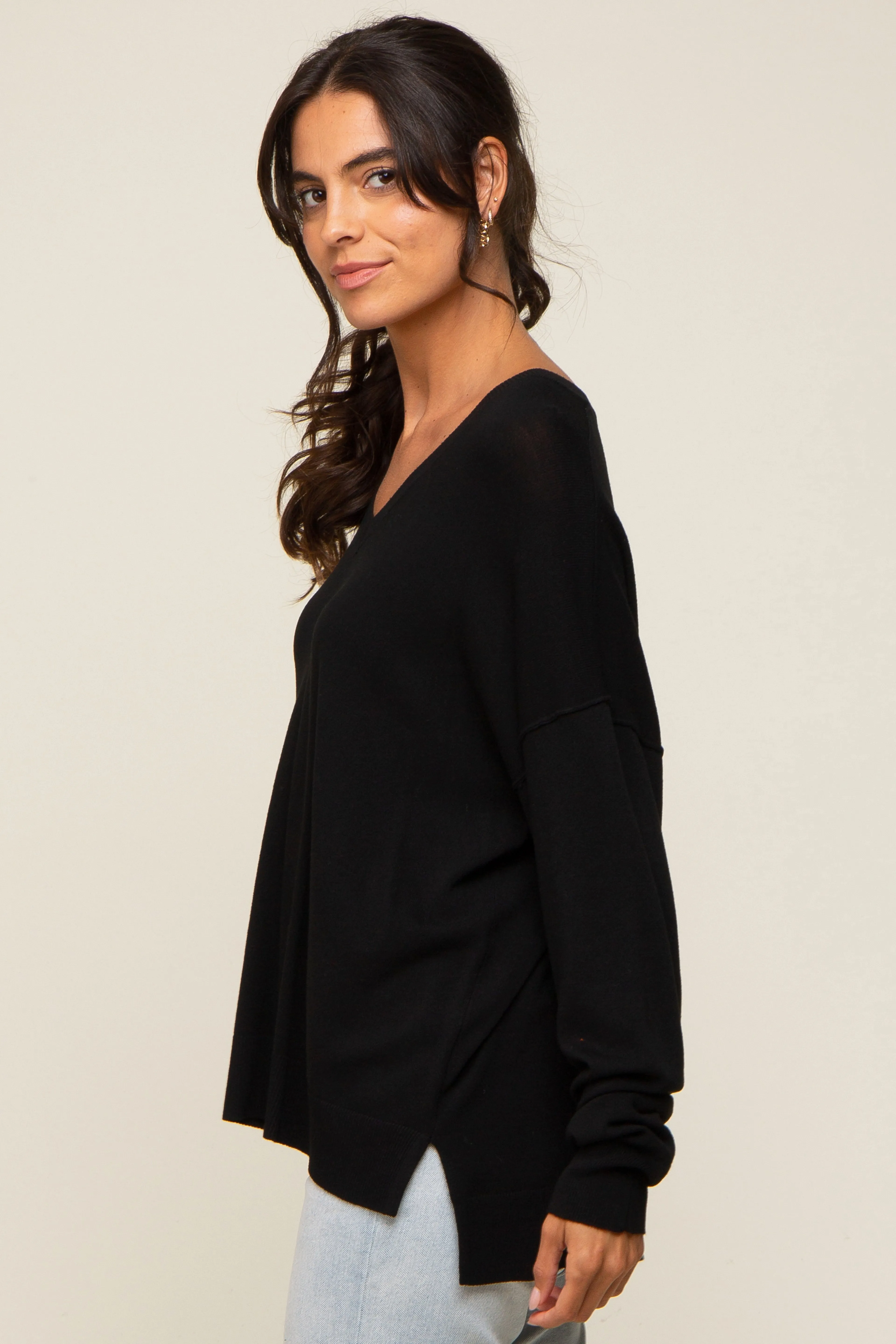 Black Knit V-Neck Long Sleeve Top sold by Pinkblush product image thumbnail 2