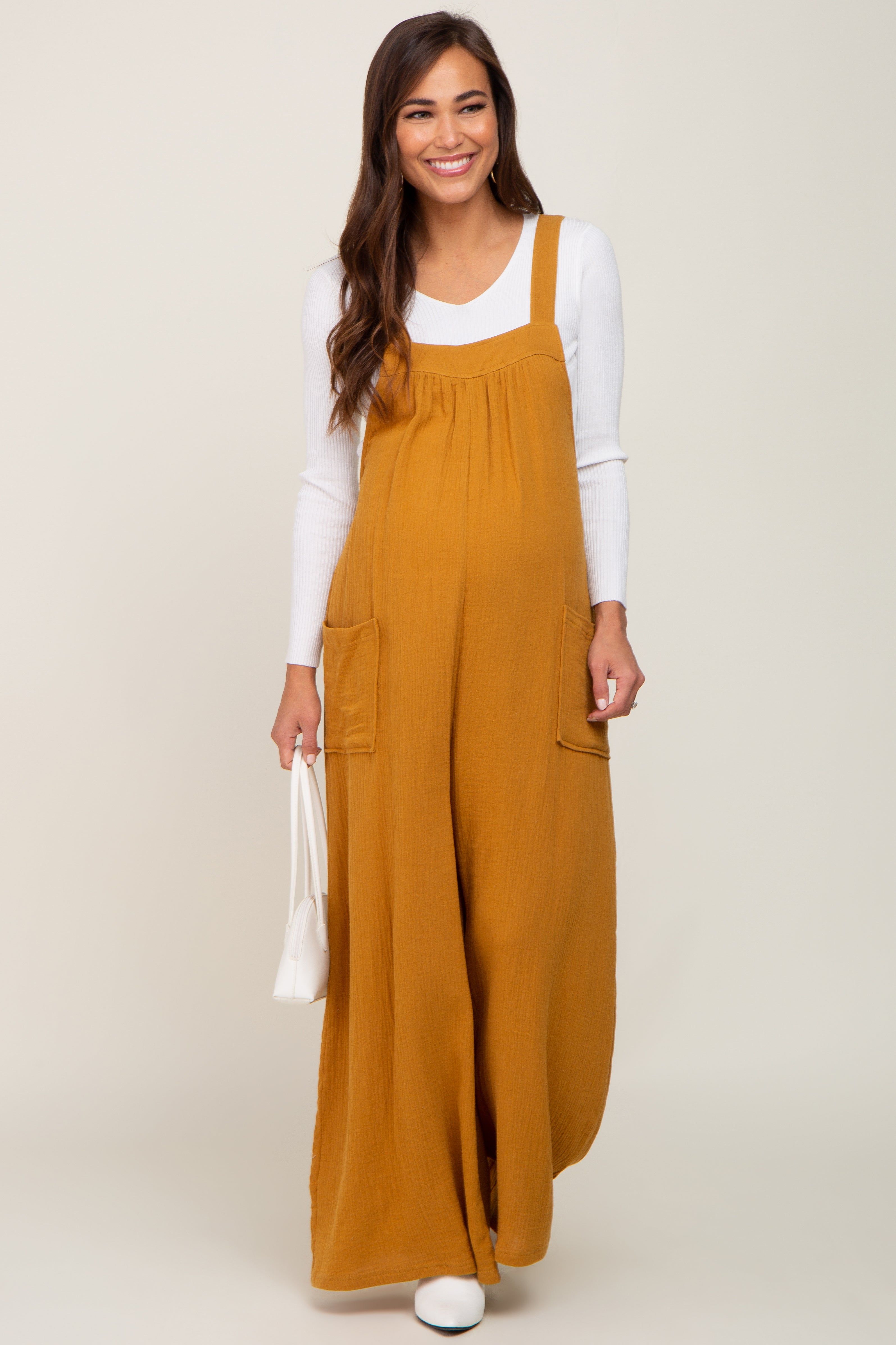 Camel Wide Leg Tie Back Maternity Overalls sold by Pinkblush product image thumbnail 4