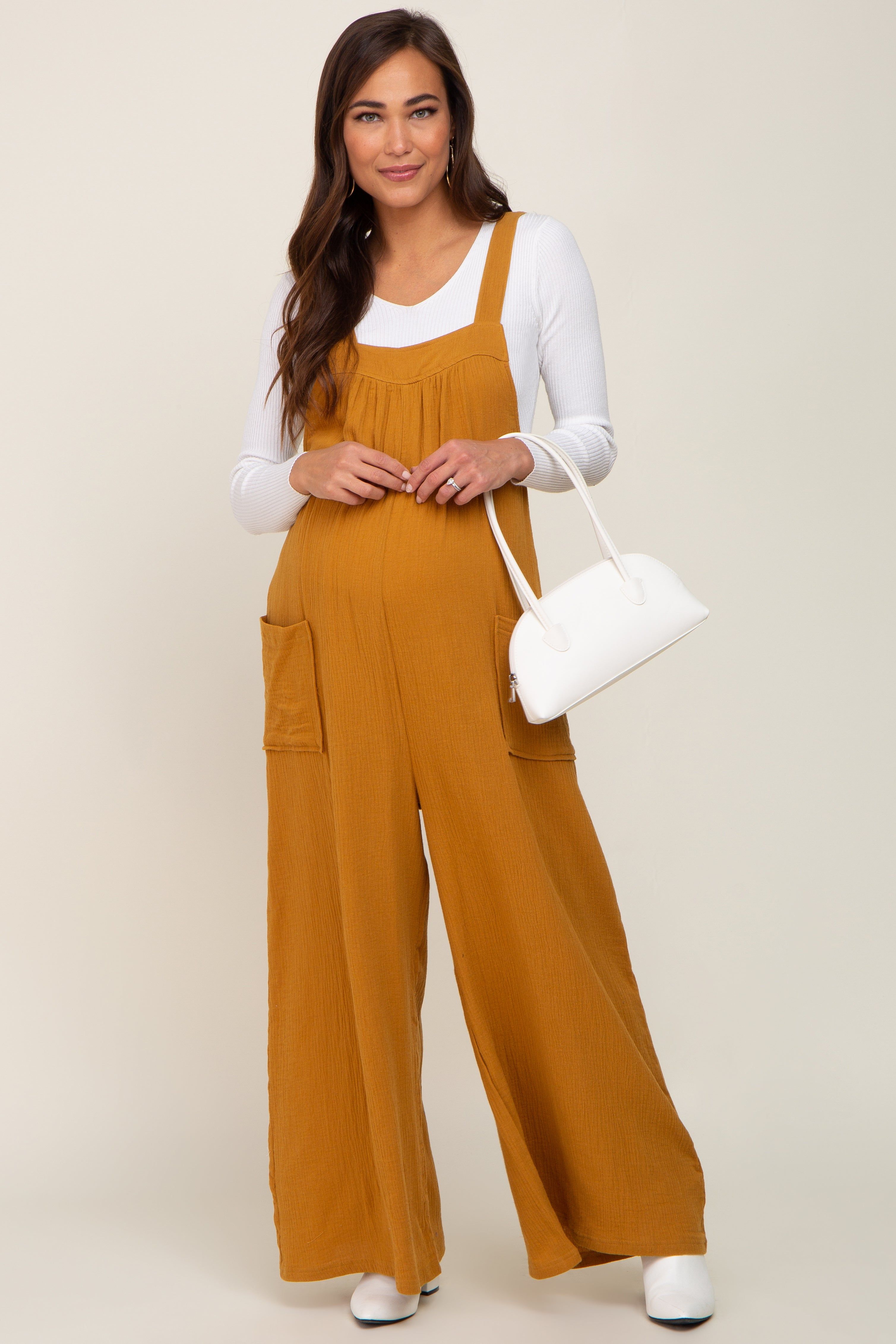 Camel Wide Leg Tie Back Maternity Overalls sold by Pinkblush
