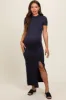 Navy Mock Neck Front Slit Short Sleeve Maternity Maxi Dress sold by Pinkblush