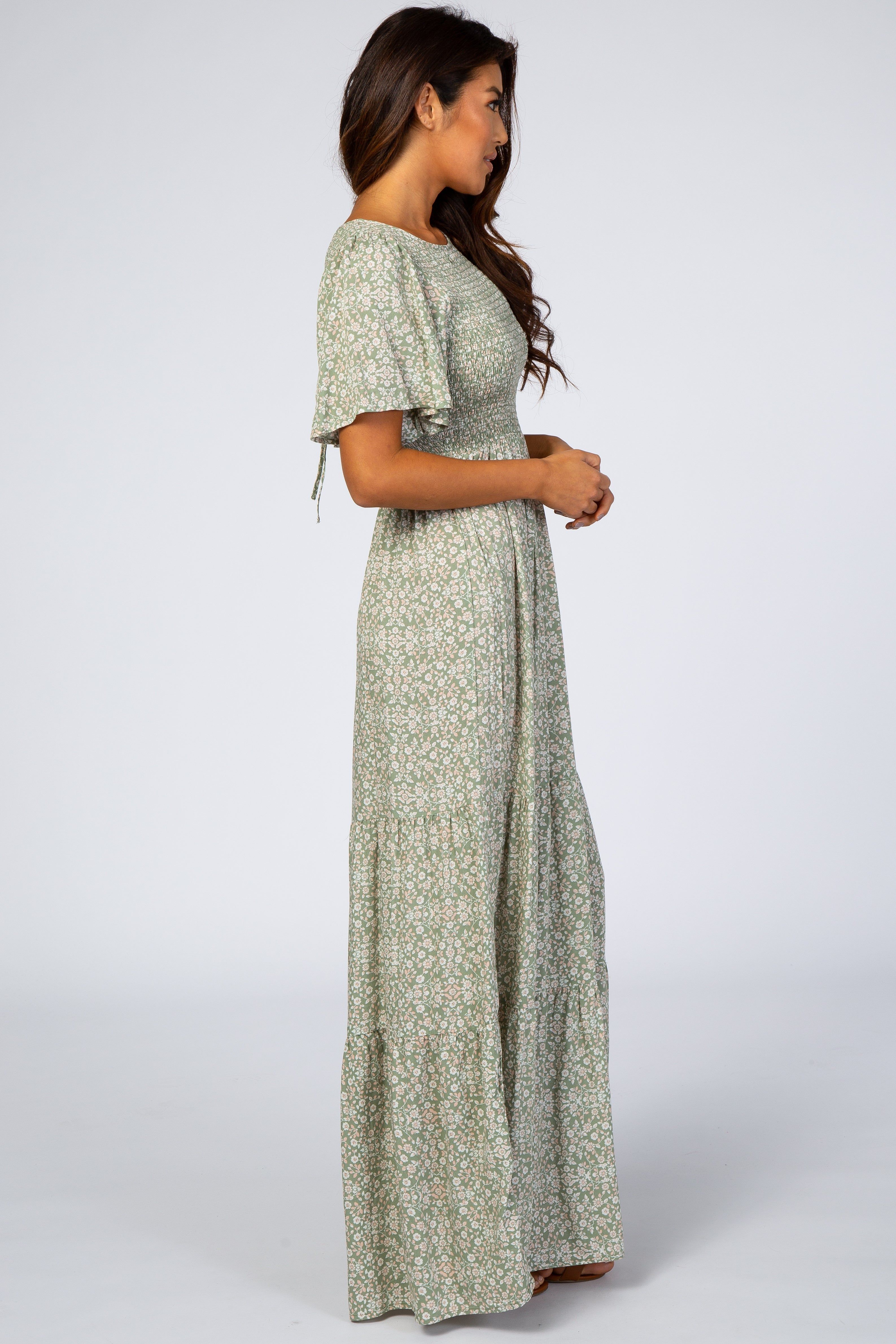 Light Olive Floral Smocked Front Pleated Hem Maxi Dress sold by Pinkblush product image thumbnail 2
