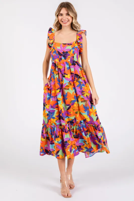 Orange Floral Satin Square Neck Ruffle Strap Midi Dress sold by Pinkblush