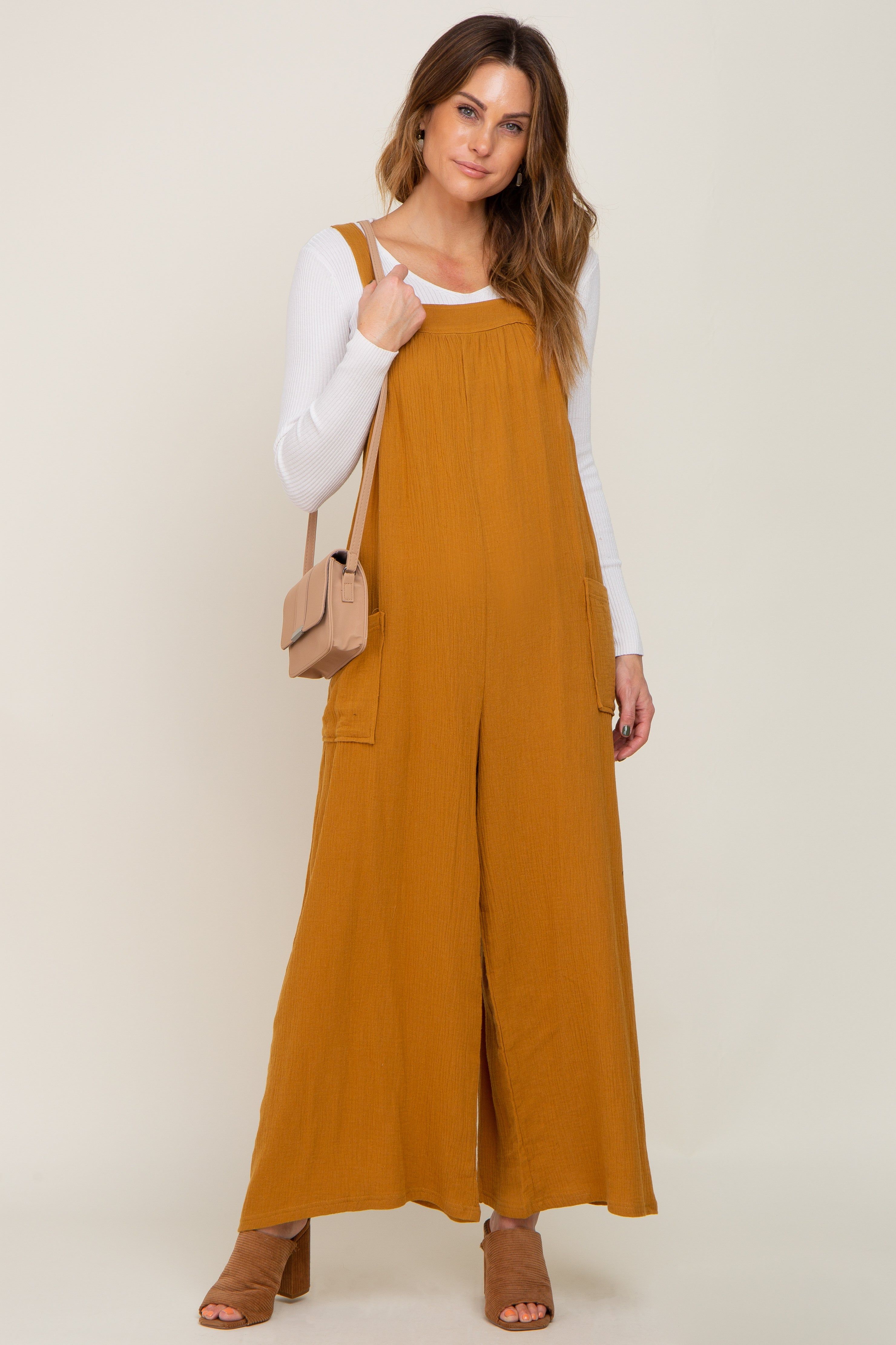 Camel Wide Leg Tie Back Maternity Overalls sold by Pinkblush product image thumbnail 5
